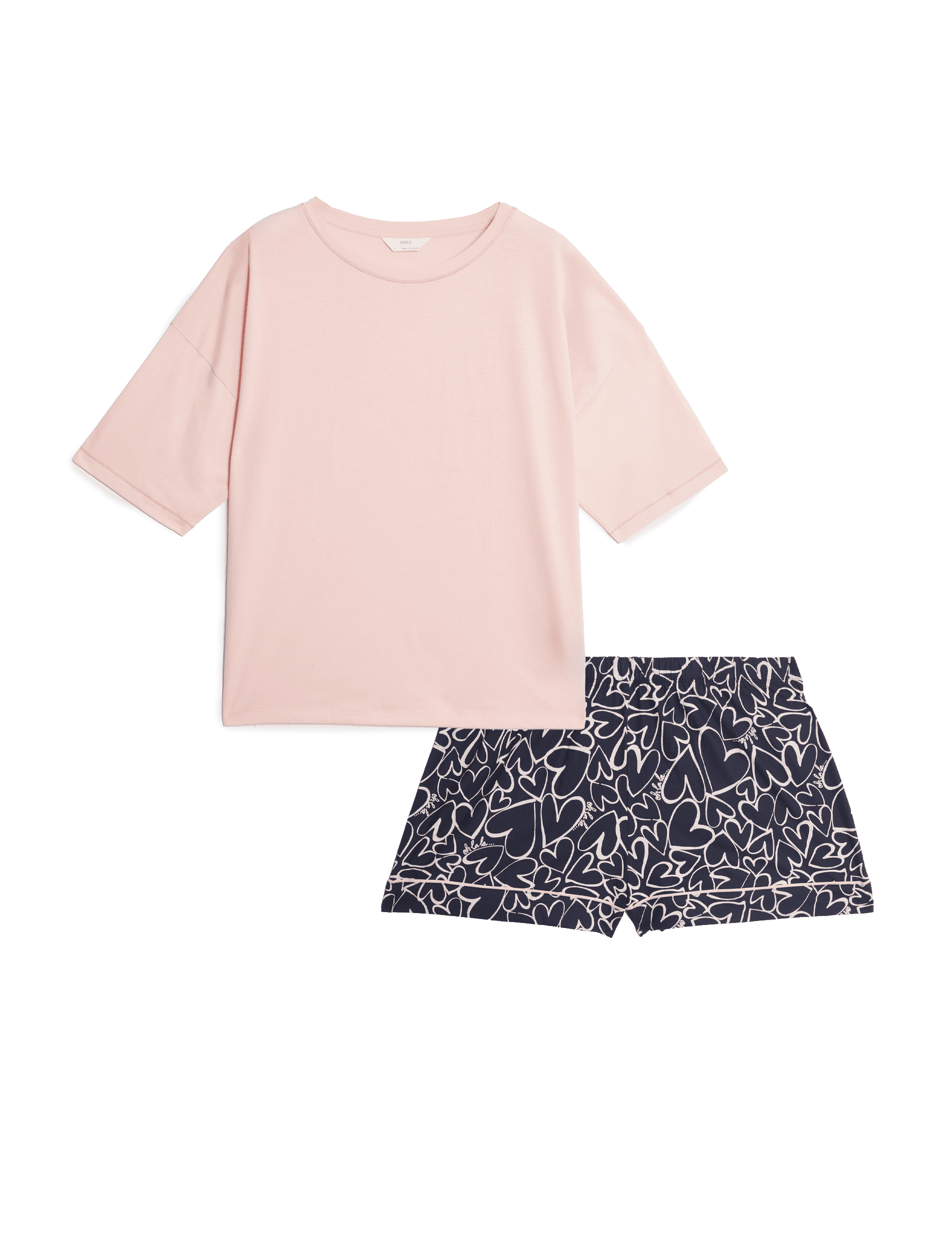 M&S Collection Women's Pure Cotton Printed Shortie Set - 12 - Blush, Blush,Black,Navy,Light Wedgewoo