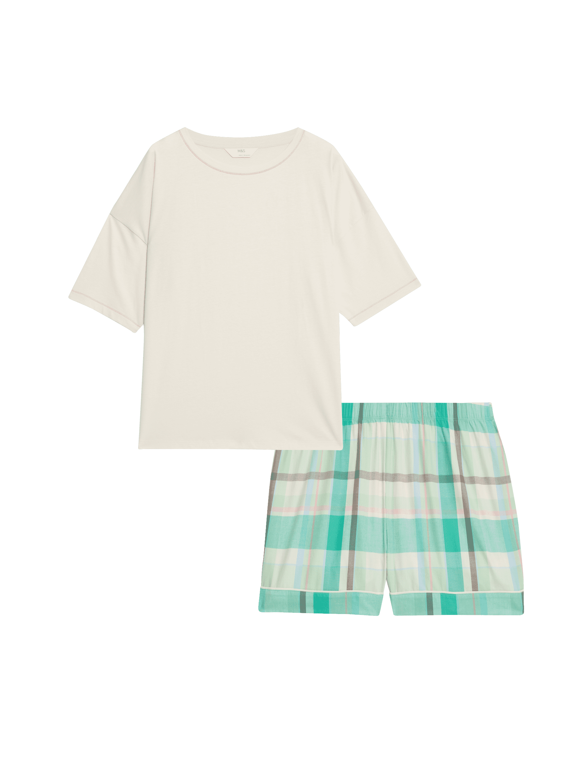 M&S Collection Women's Pure Cotton Checked Shortie Set - 10 - Ivory, Ivory