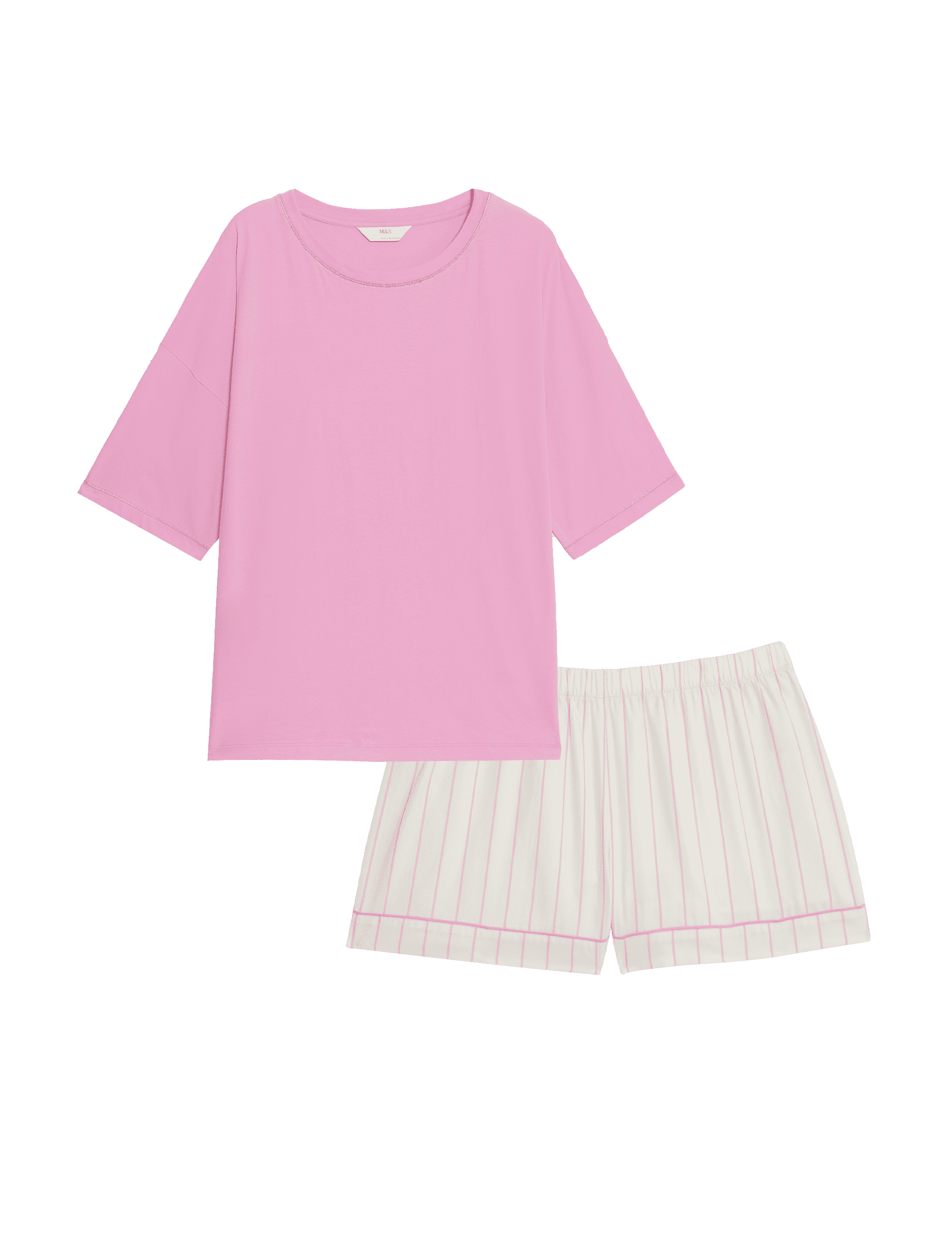 M&S Collection Women's Pure Cotton Striped Shortie Set - 14 - Pink, Pink