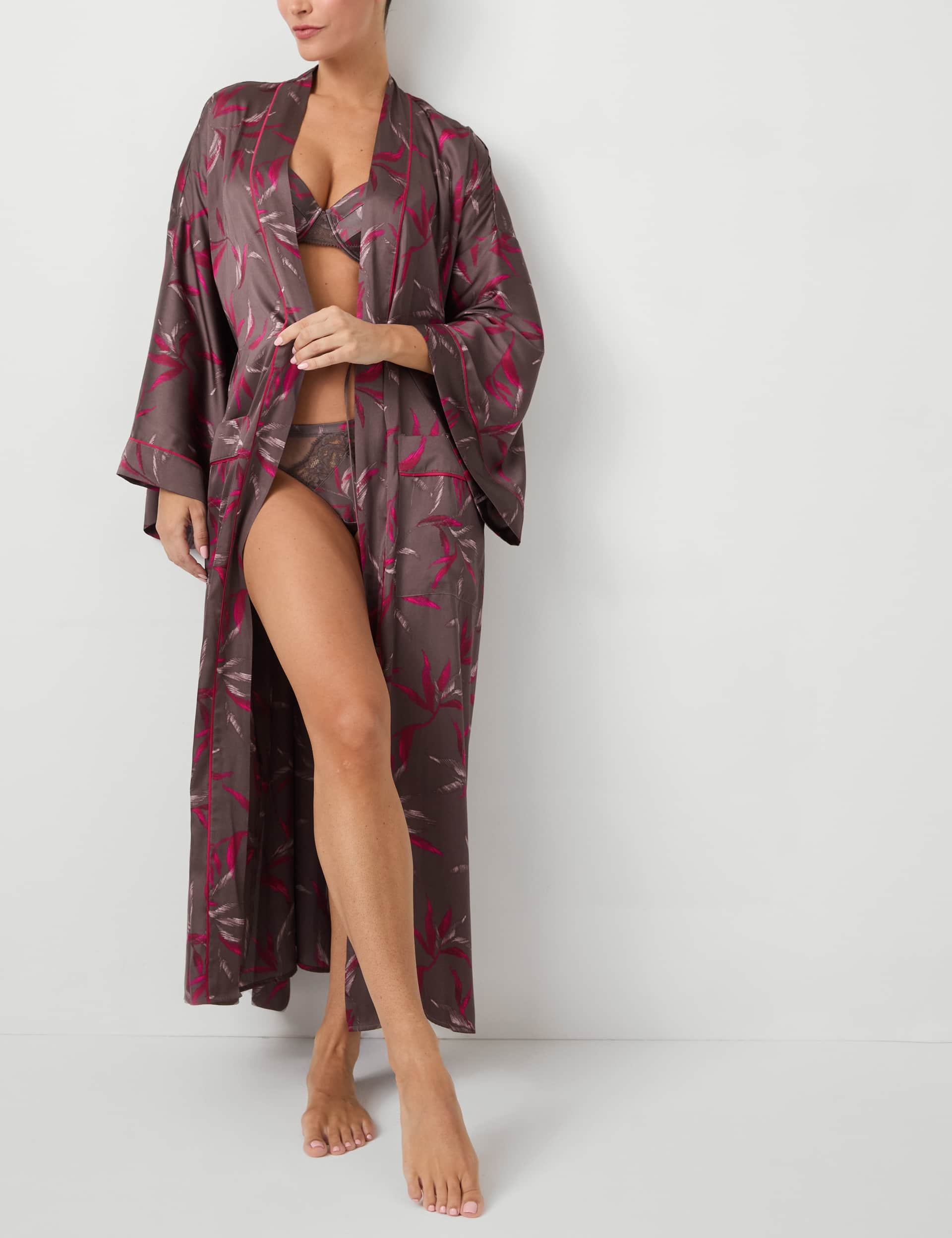 Rosie Women's Satin Floral Wide Sleeve Wrap - M - Brown Mix, Brown Mix