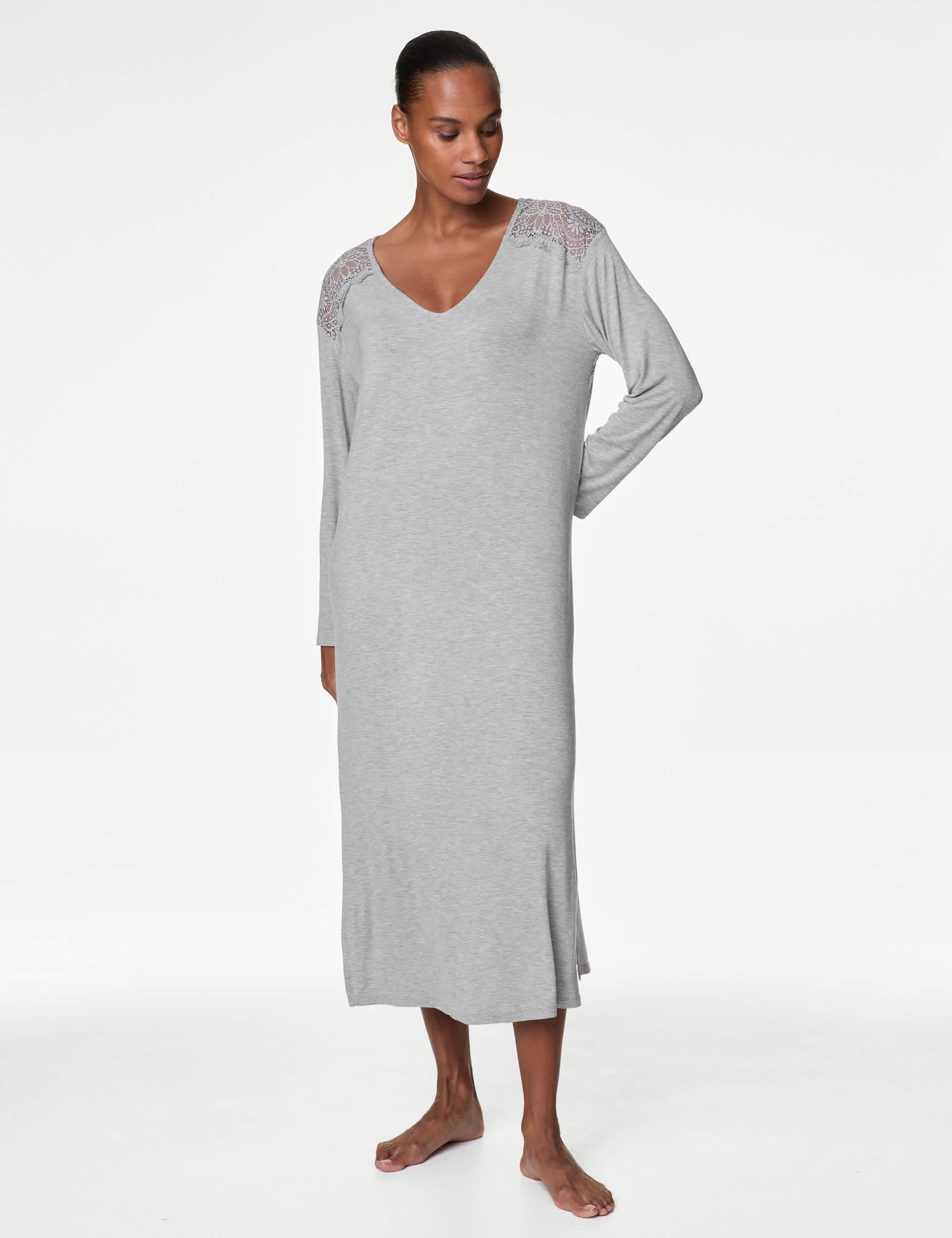 Body By M&S Women's Body Soft Lace Trim Nightdress - Grey Mix, Damask,Grey Mix,Black