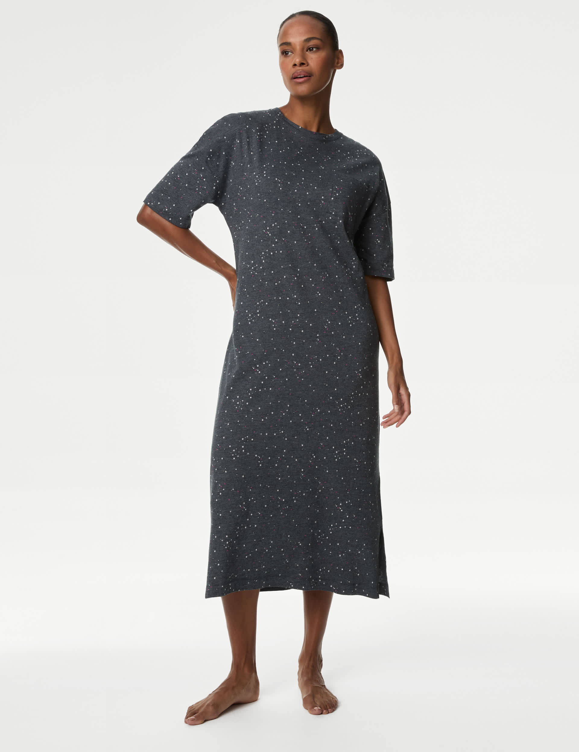 M&S Women's Cool Comfort Star Print Nightdress - Charcoal Mix, Charcoal Mix,Cobalt