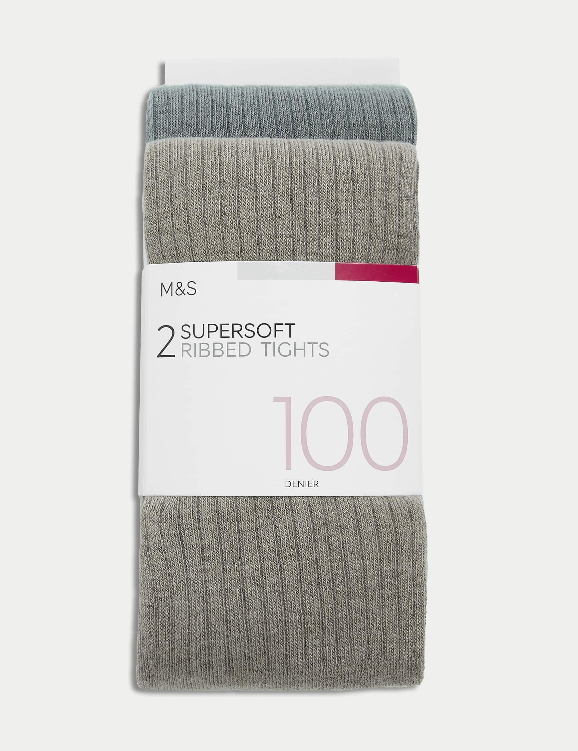 M&S Collection Women's 2 Pack 100 Denier Supersoft Ribbed Tights - M - Grey Mix, Grey Mix