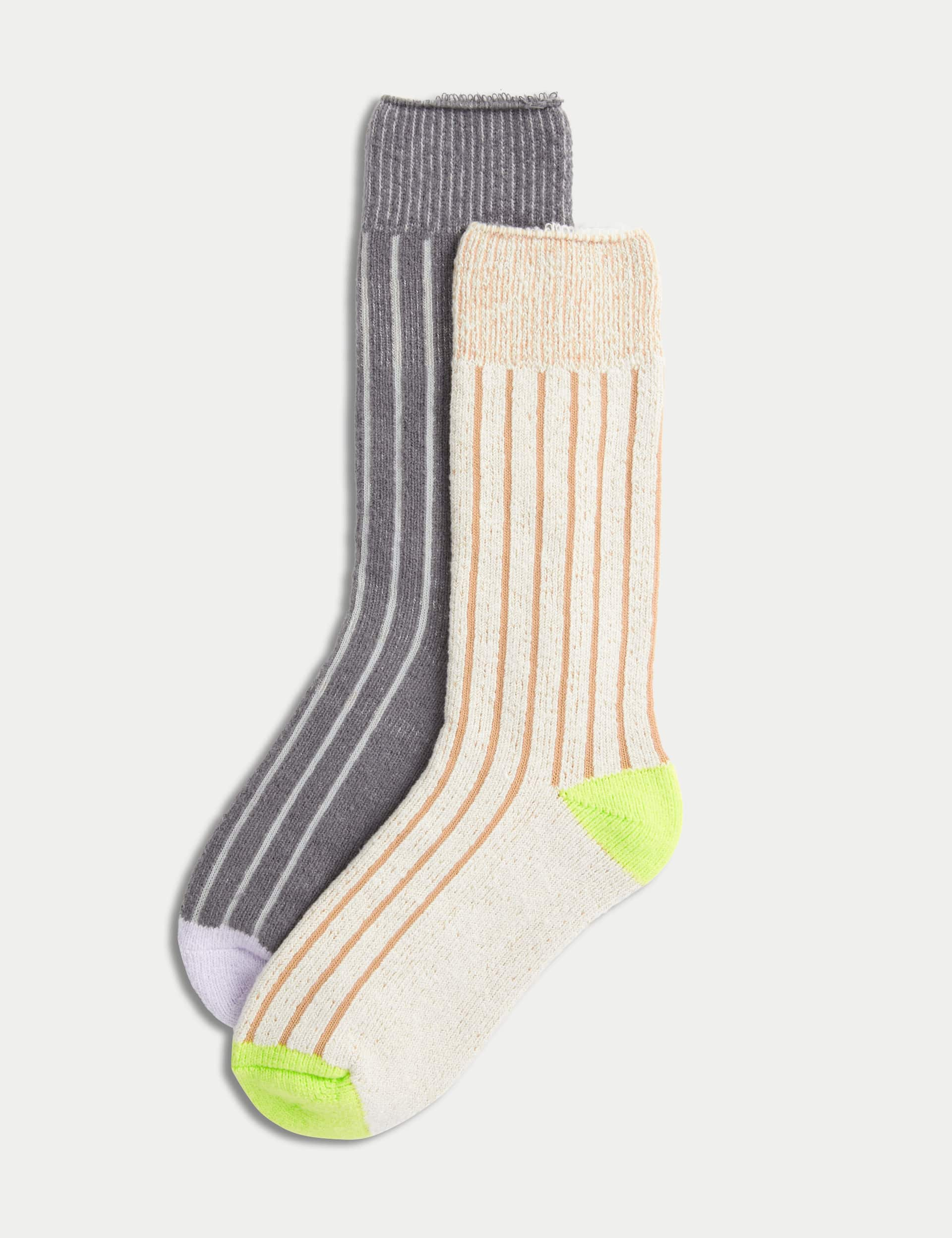 M&S Women's 2pk Striped Thermal Ankle High Socks - 6-8 - Grey Mix, Pink Mix,Grey Mix