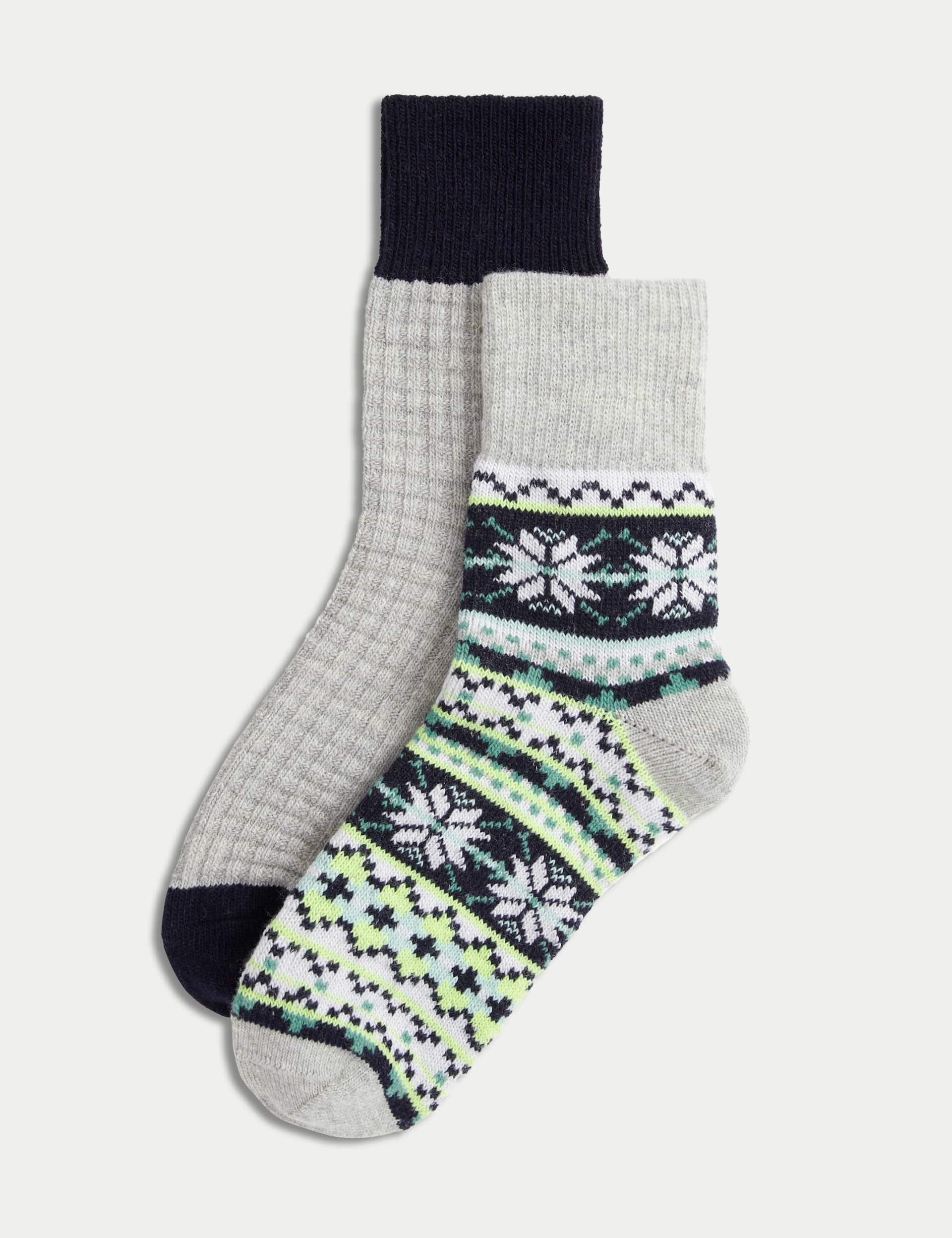 M&S Women's 2pk Thermal Wool Blend Ankle High Socks - 6-8 - Green Mix, Green Mix,Pink Mix