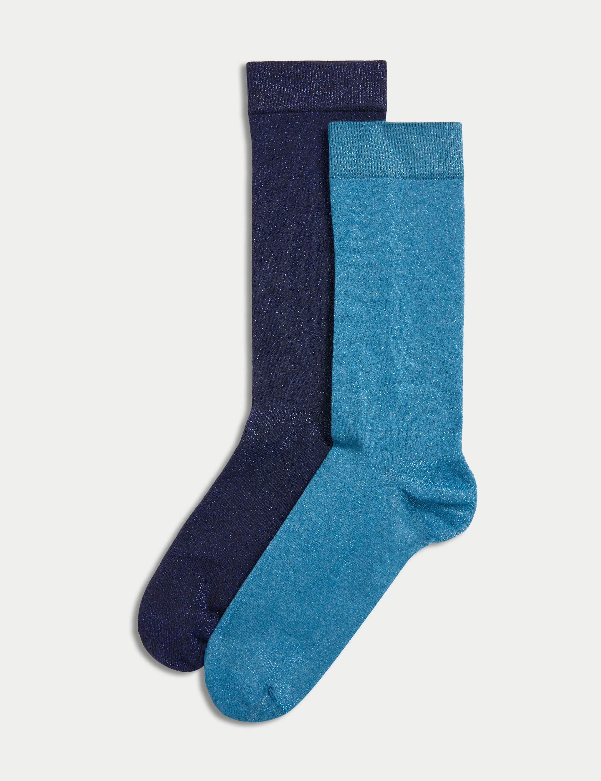 M&S Collection Women's 2 Pack Cotton Blend Sparkle Ankle High Socks - 6-8 - Navy Mix, Navy Mix,Black