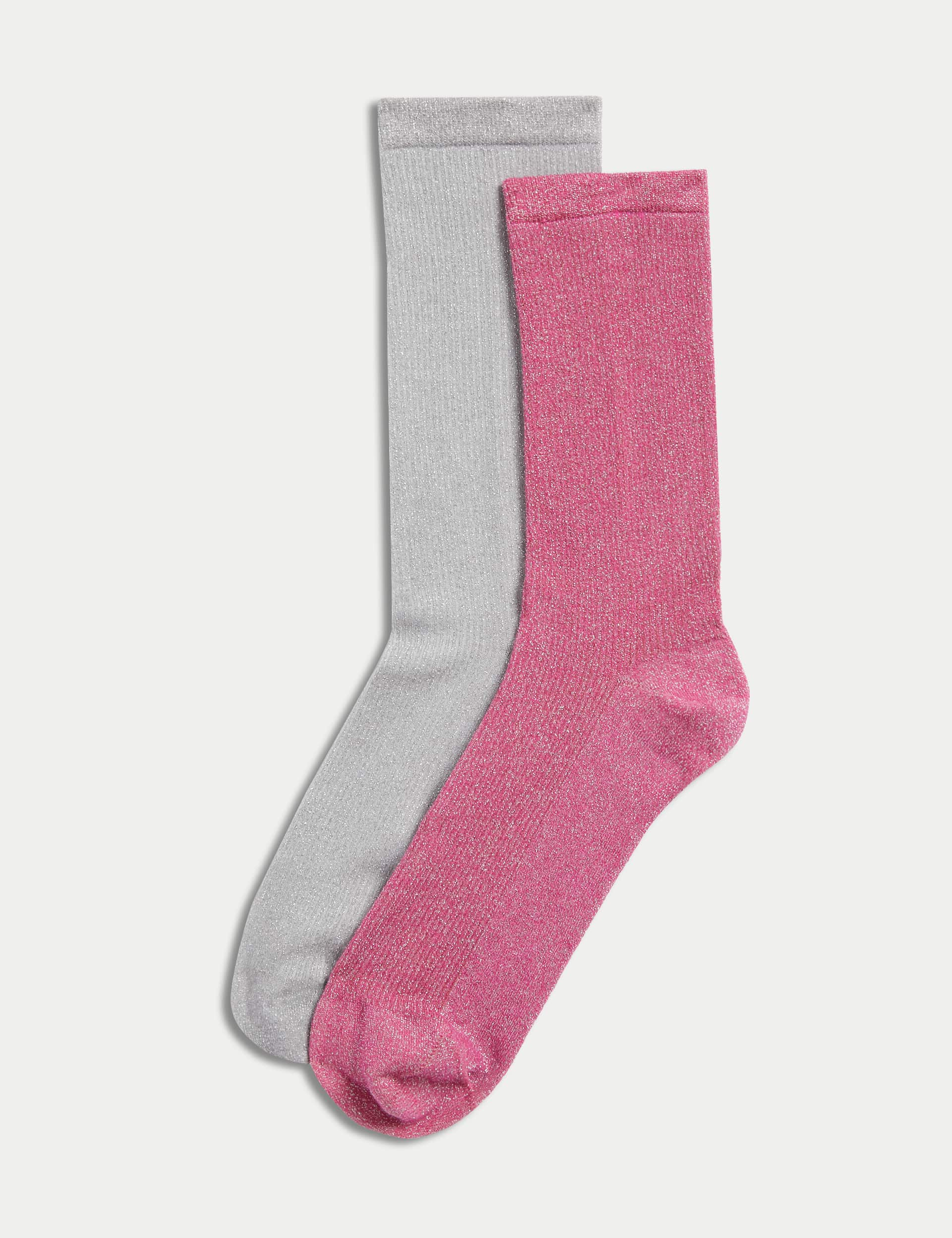 M&S Women's 2pk Cotton Blend Sparkle Ankle High Socks - 6-8 - Pink Mix, Pink Mix,Blue Mix