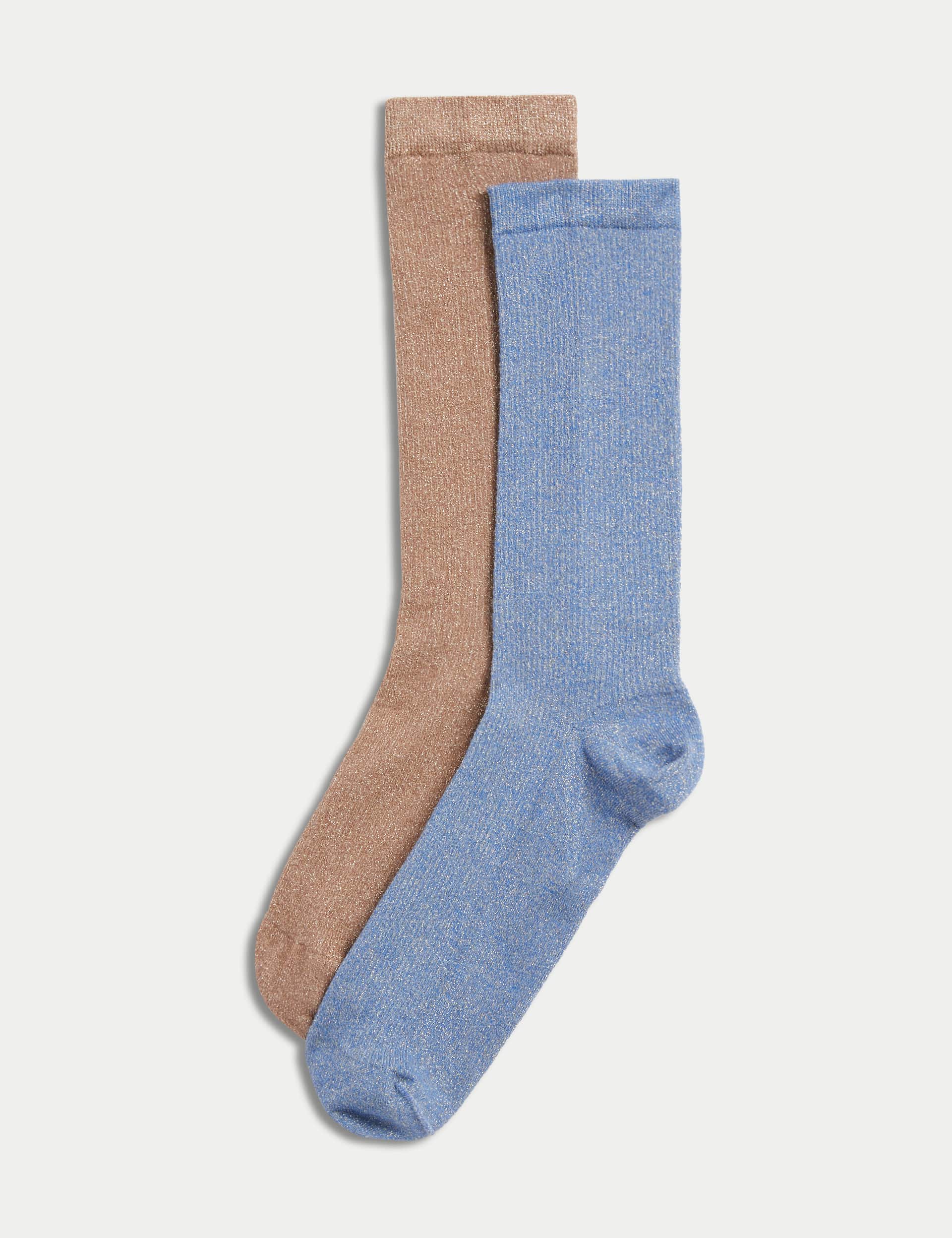 M&S Women's 2pk Cotton Blend Sparkle Ankle High Socks - 6-8 - Blue Mix, Pink Mix,Blue Mix