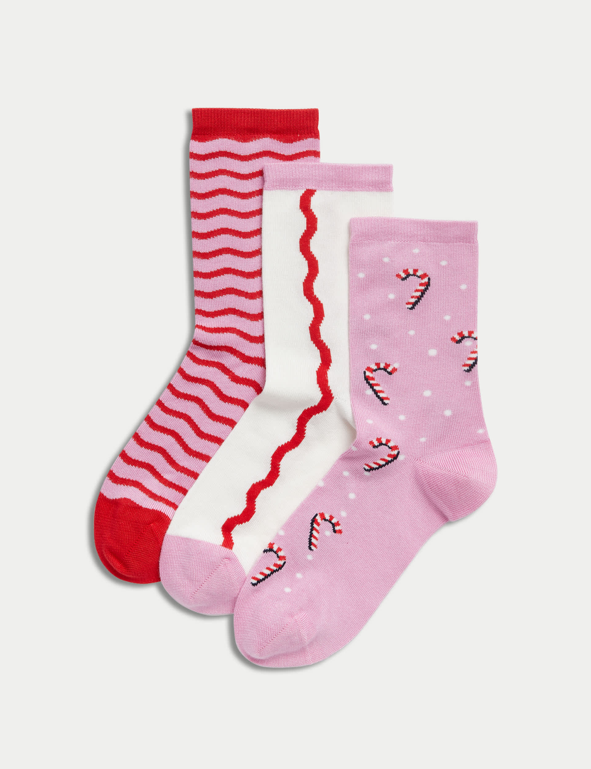 M&S Women's 3pk Sumptuously Soft Candy Cane Ankle Socks - 6-8 - Red Mix, Red Mix