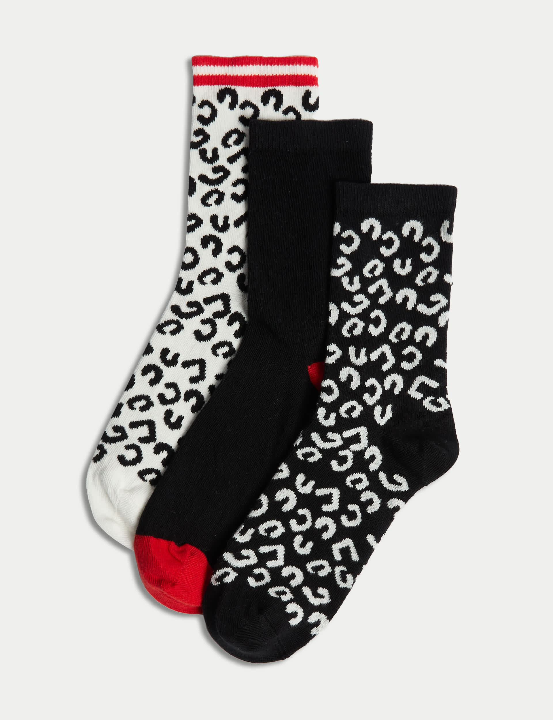 M&S Women's 3pk Cotton Rich Animal Print Ankle High Socks - 6-8 - Black Mix, Pink Mix,Black Mix