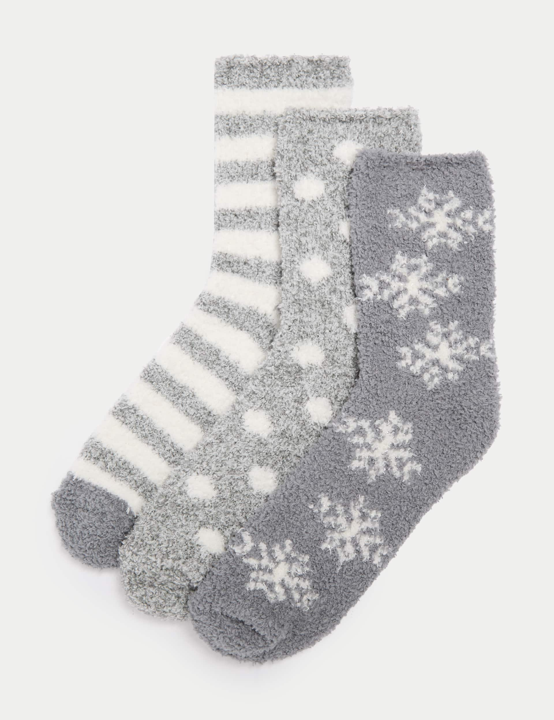 M&S Women's 3pk Cosy Patterned Fluffy Socks - 6-8 - Grey Mix, Grey Mix