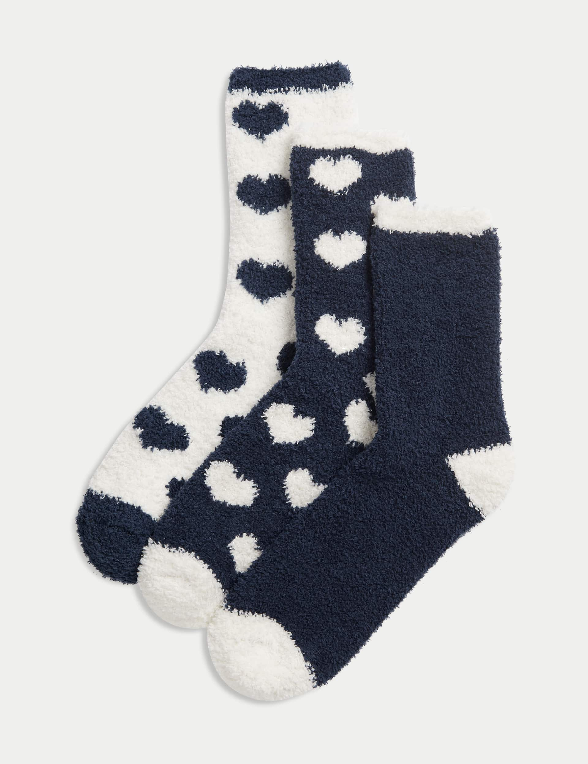 M&S Women's 3pk Cosy Heart Ankle High Socks - 6-8 - Navy Mix, Navy Mix