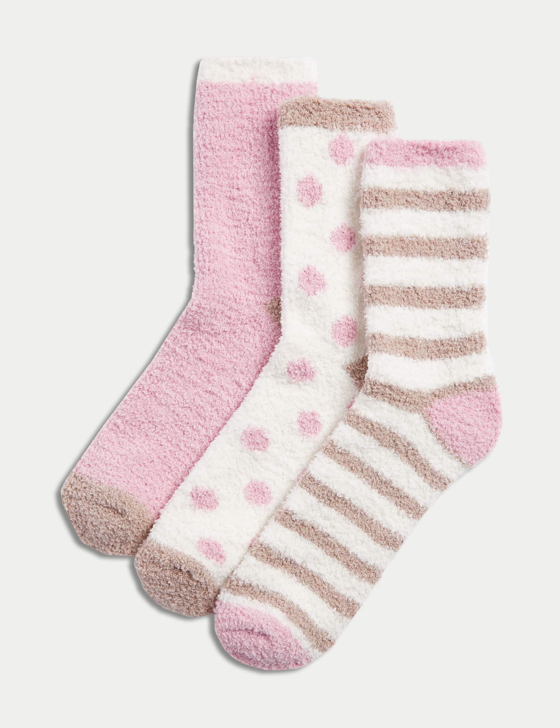 M&S Women's 3pk Cosy Spot & Stripe Ankle High Socks - 6-8 - Pink Mix, Pink Mix