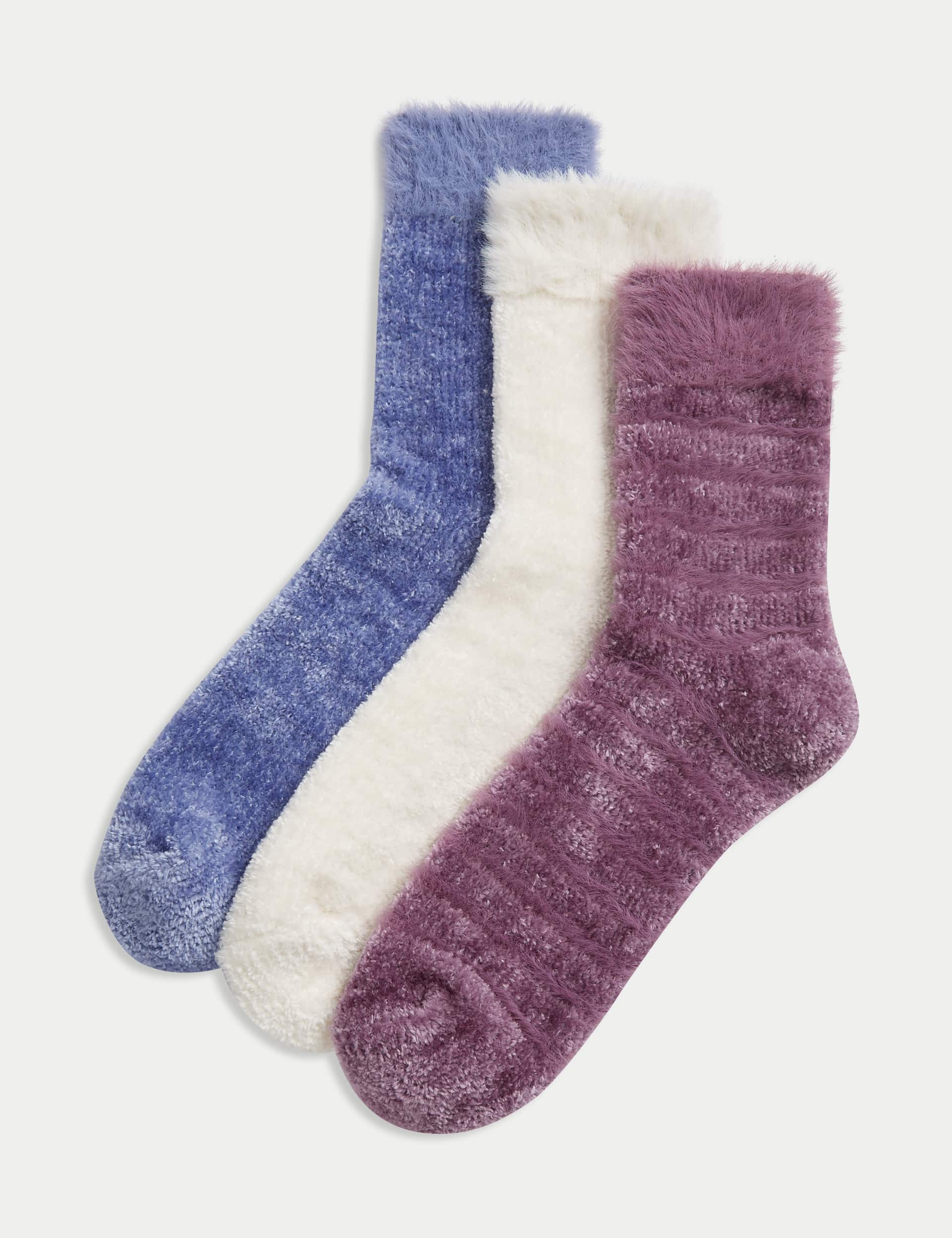 M&S Women's 3pk Cosy Velvet Ankle High Socks - 6-8 - Blue Mix, Blue Mix,Grey Mix,Pink Mix