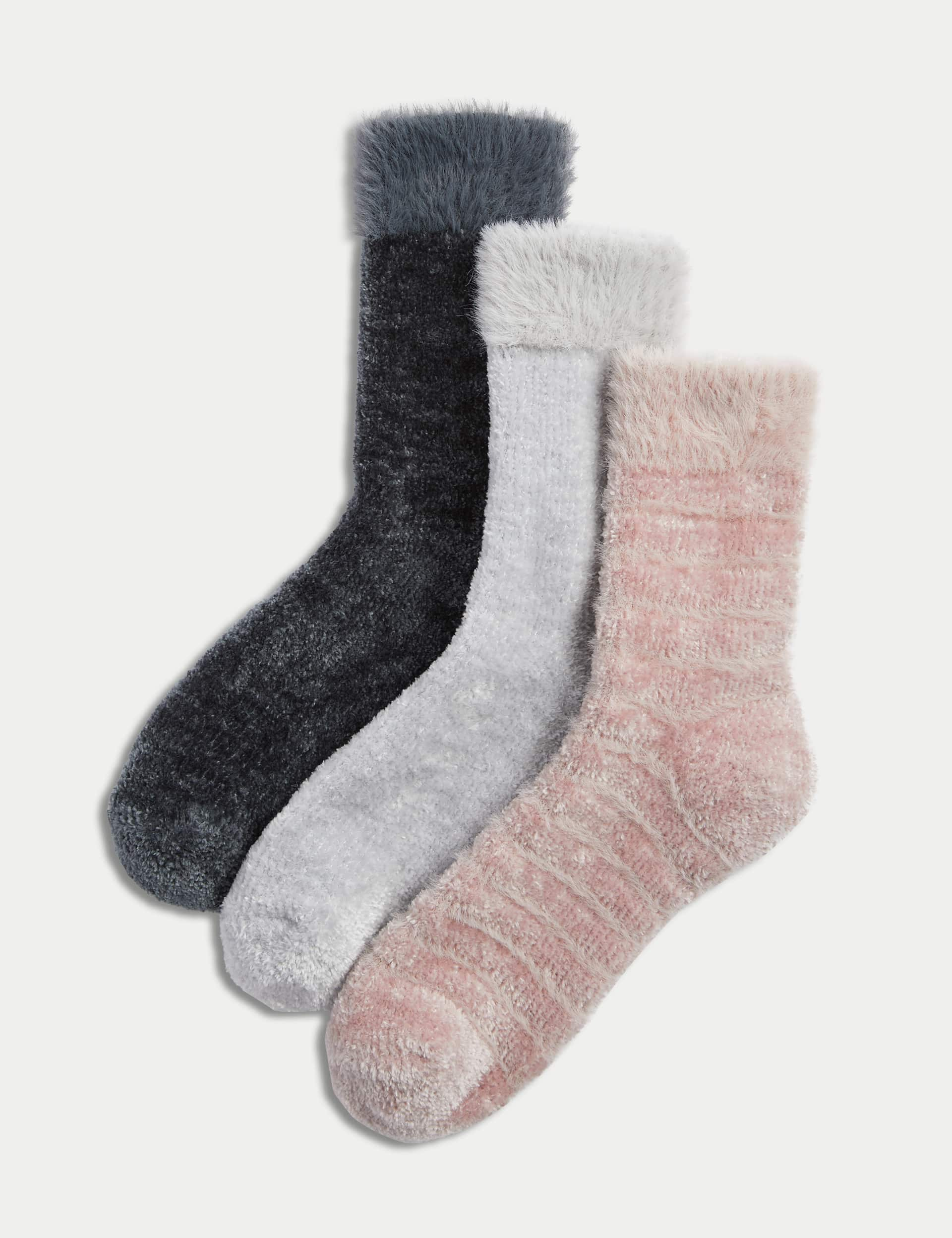 M&S Women's 3pk Cosy Velvet Ankle High Socks - 6-8 - Grey Mix, Pink Mix,Blue Mix,Grey Mix