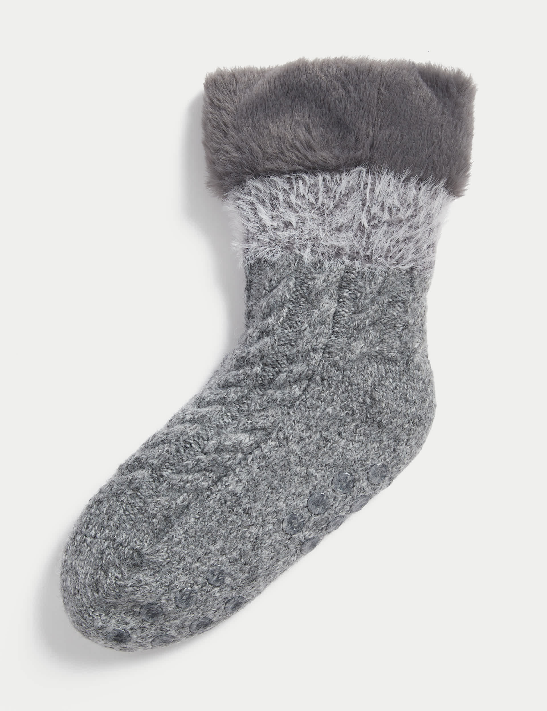 M&S Women's Fluffy Faux Fur Collar Slipper Socks - 3-5 - Charcoal, Slate Blue,Charcoal,Light Apricot