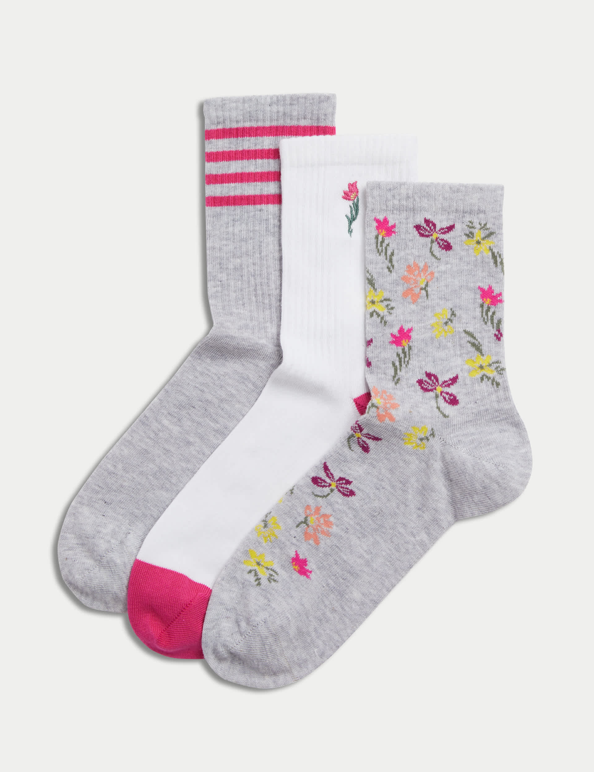 M&S Women's 3pk Cotton Blend Floral Ankle High Socks - 3-5 - Grey Mix, Grey Mix