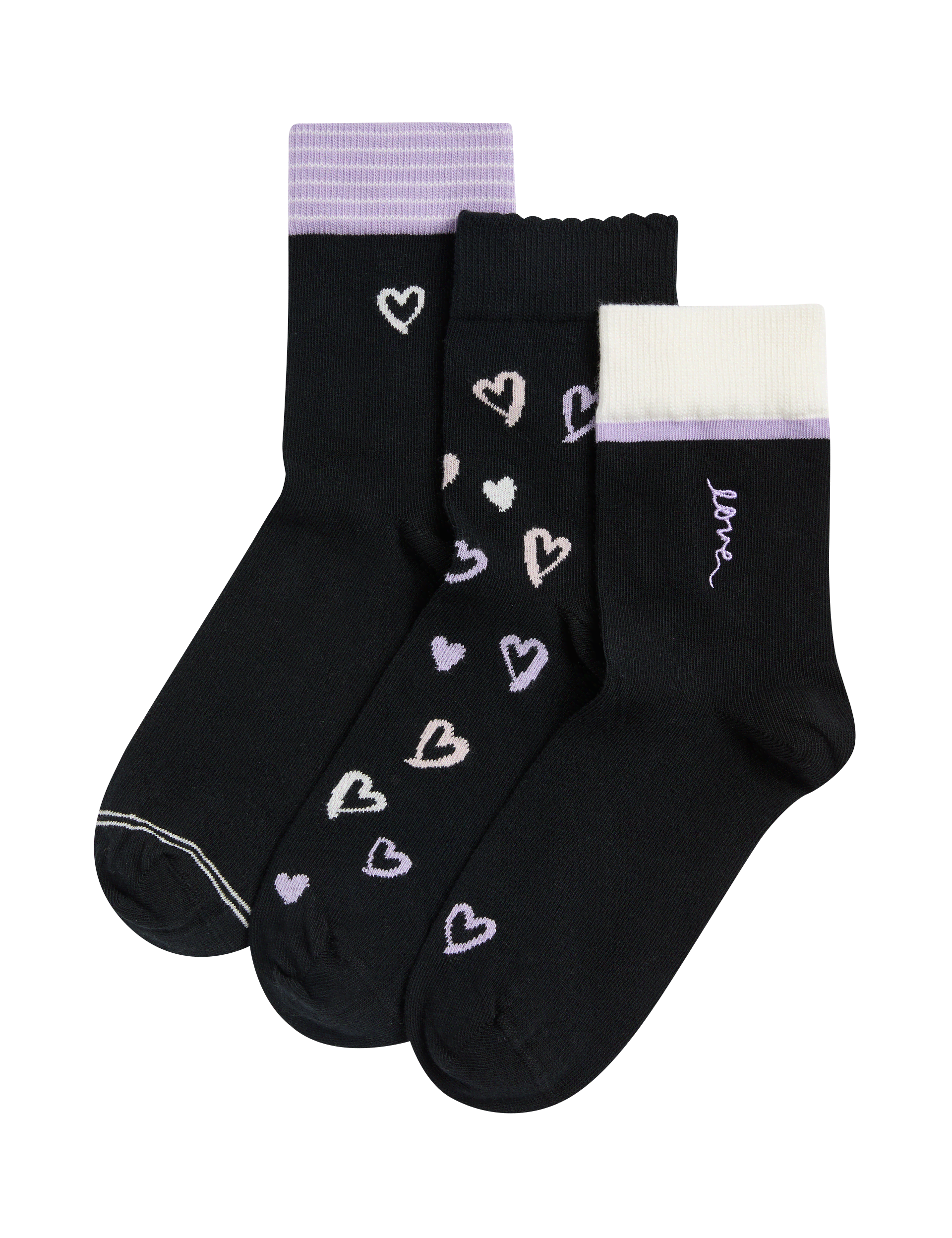 M&S Collection Women's 3pk Cotton Rich Love Heart Ankle High Socks - 6-8 - Lilac, Lilac,Navy Mix