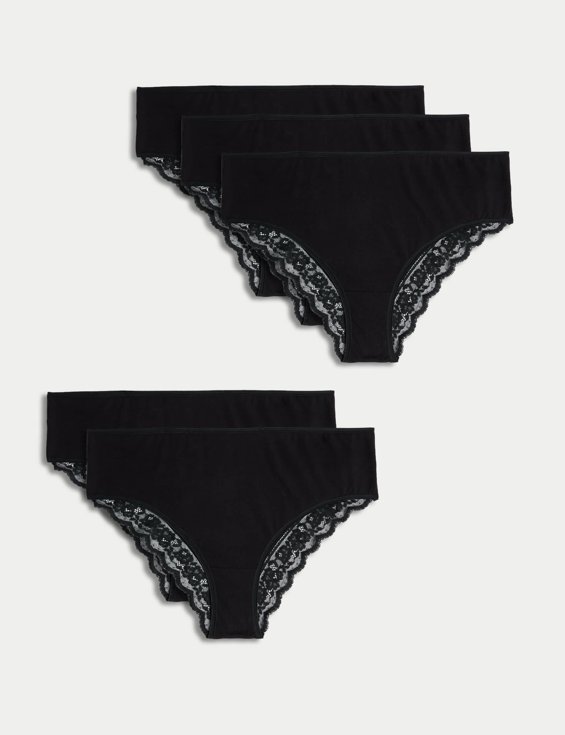 M&S Women's 5pk Cotton & Lace High Waisted Brazilian Knickers - 18 - Black, Black