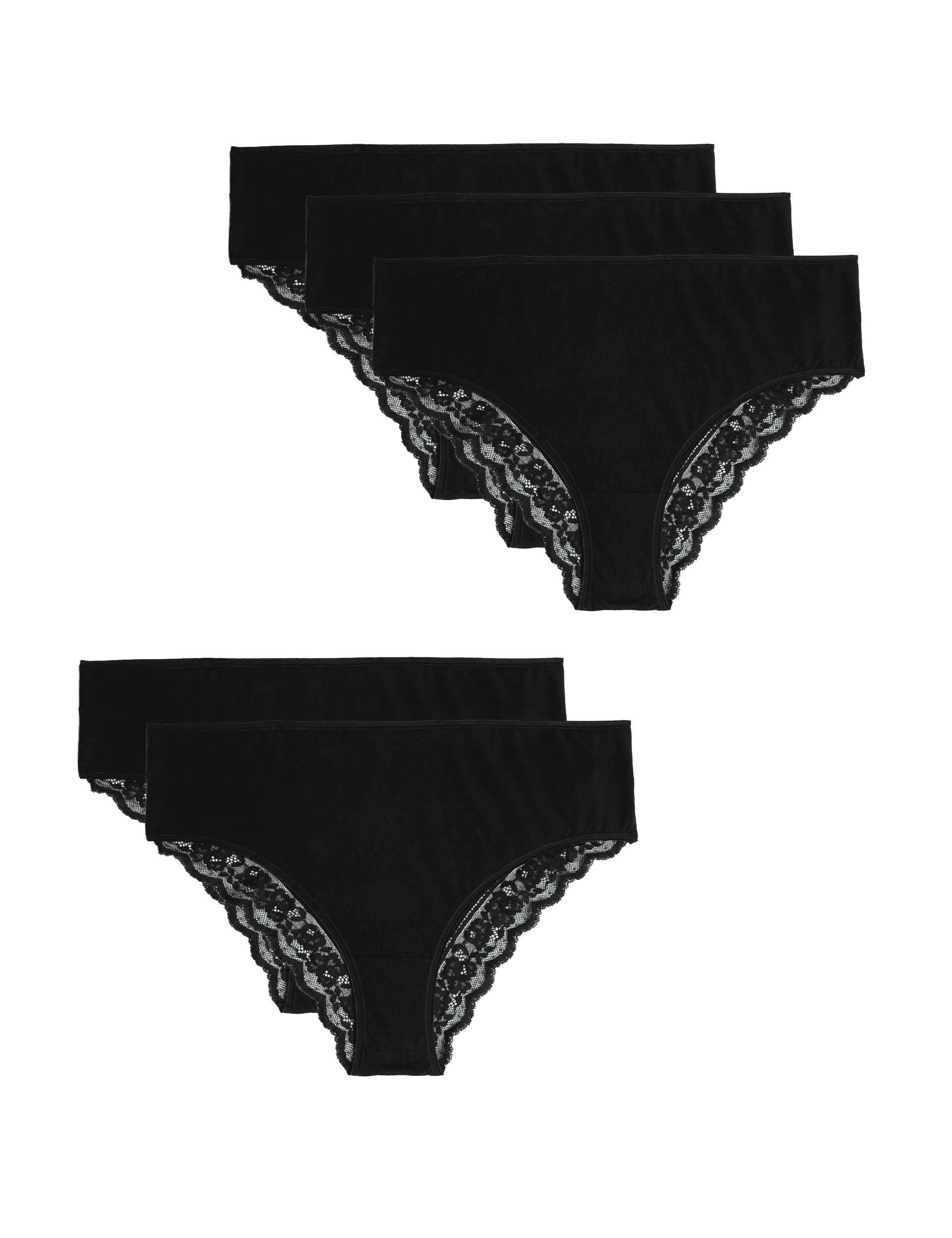 M&S Collection Women's 5pk Cotton & Lace High Waisted Brazilian Knickers - 14 - Black, Black