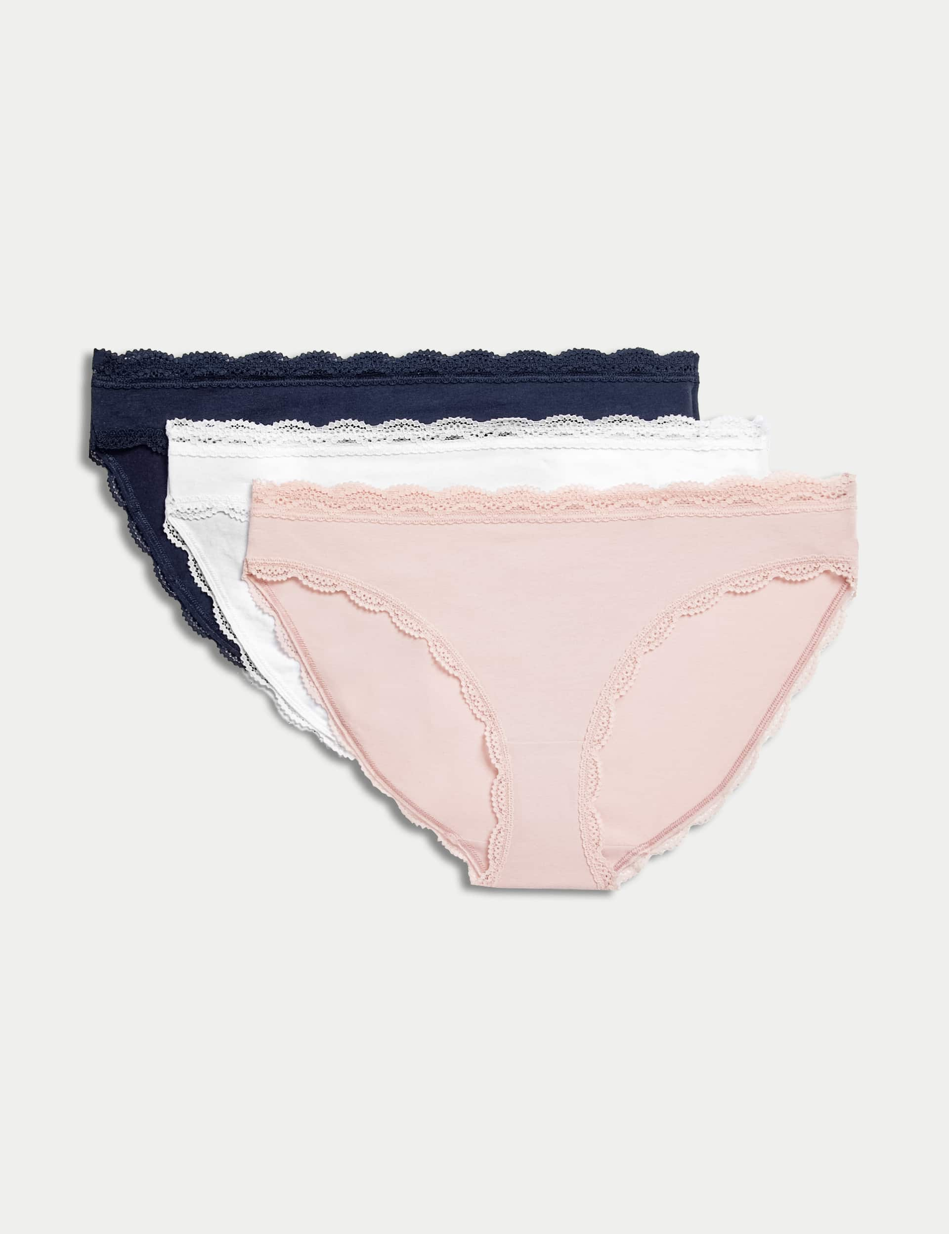 M&S Women's 3pk Cotton Rich & Lace Bikini Knickers - 12 - Soft Pink, Black,Soft Pink