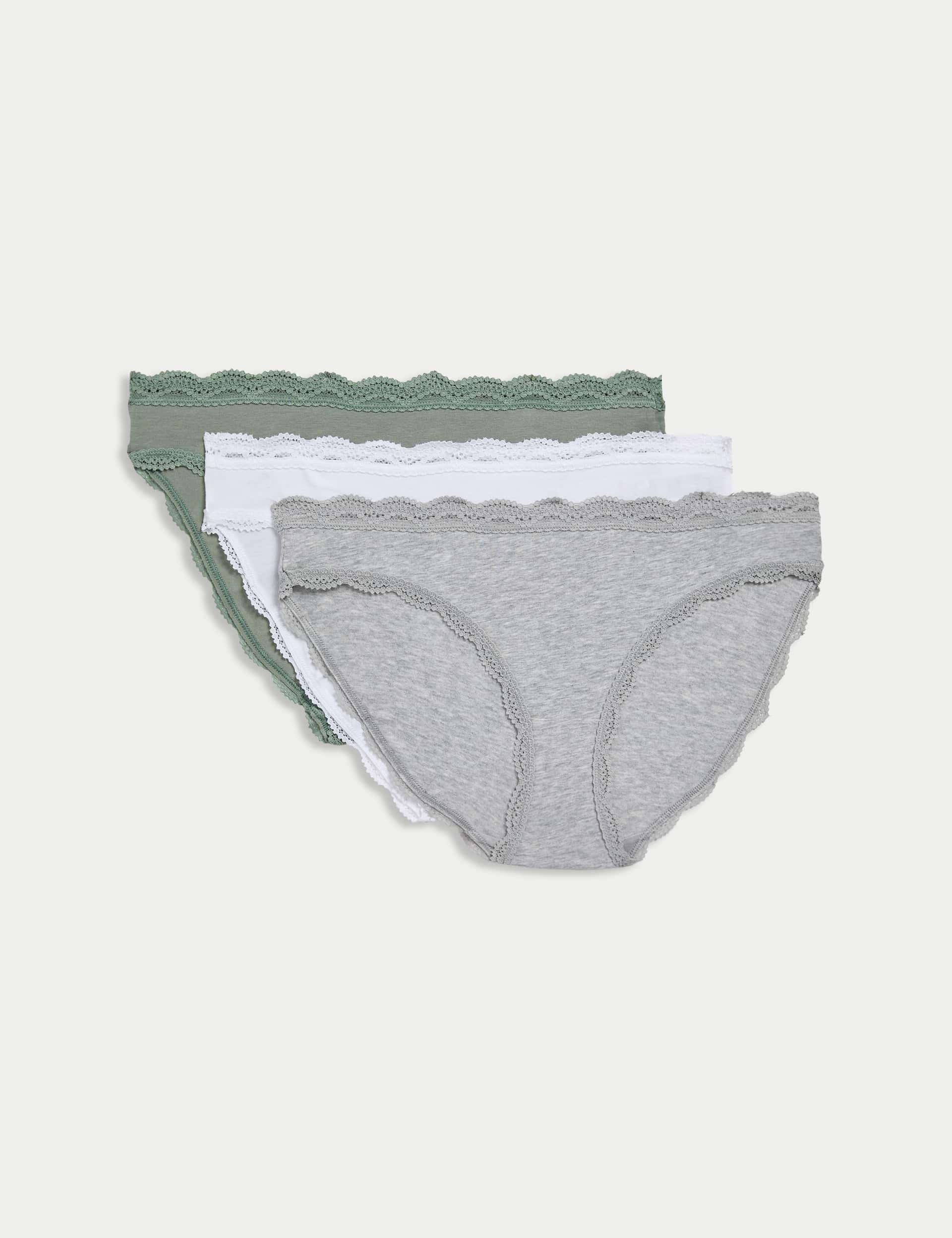 M&S Collection Women's 3pk Cotton Rich & Lace Bikini Knickers - 12 - Green Mix, Black,Green Mix