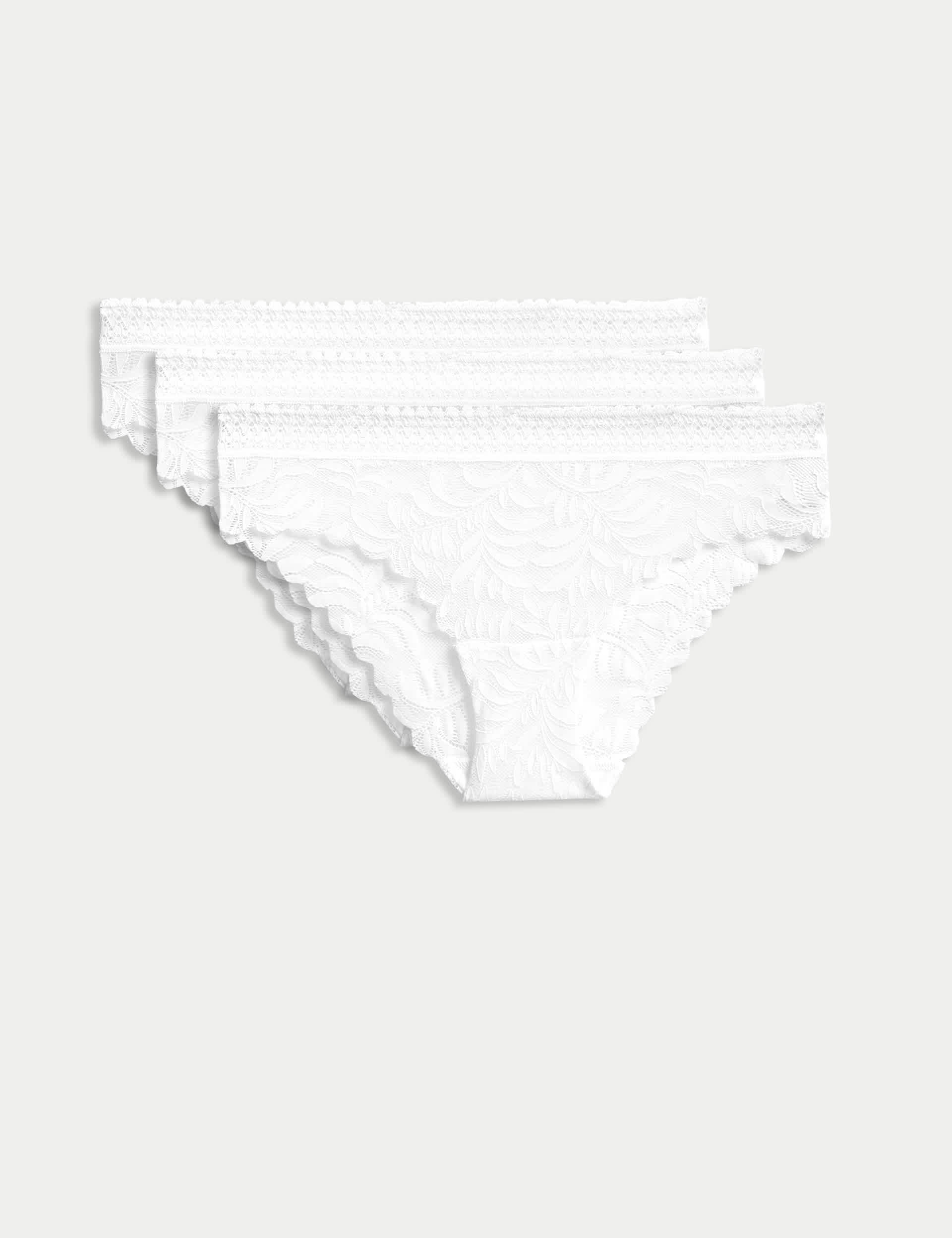 M&S Women's 3pk Flexifit Lace Brazilian Knickers - 12 - White, Black,White,Bright Indigo