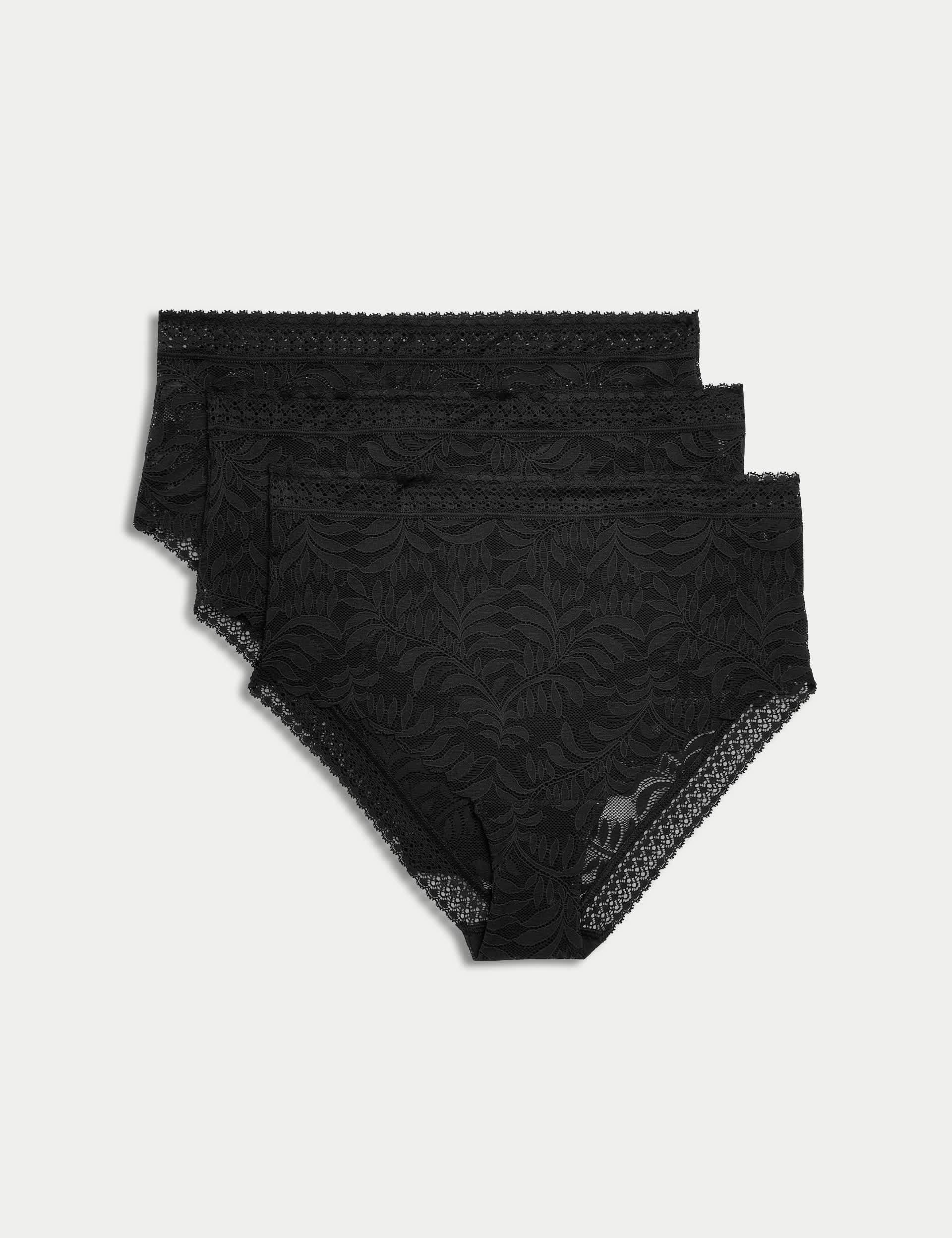 M&S Women's 3pk Flexifit Lace High Waisted Brazilian Knickers - 12 - Black, Black