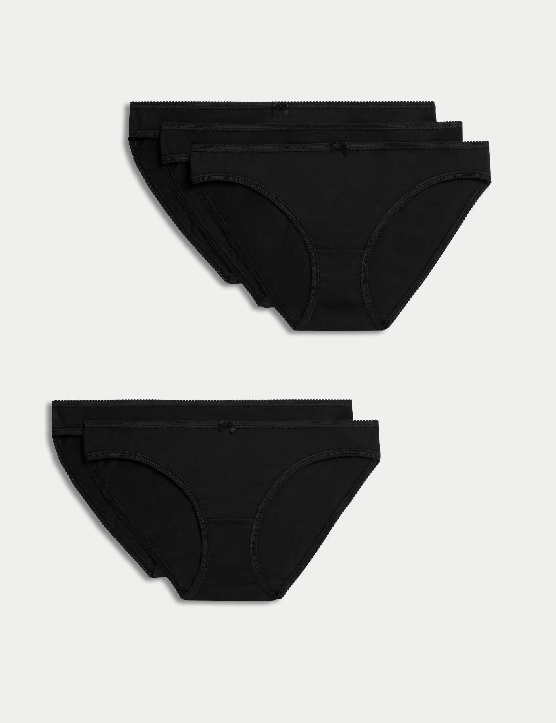 M&S Women's 5pk Cotton Lycra Bikini Knickers - 12 - Black, White,Black