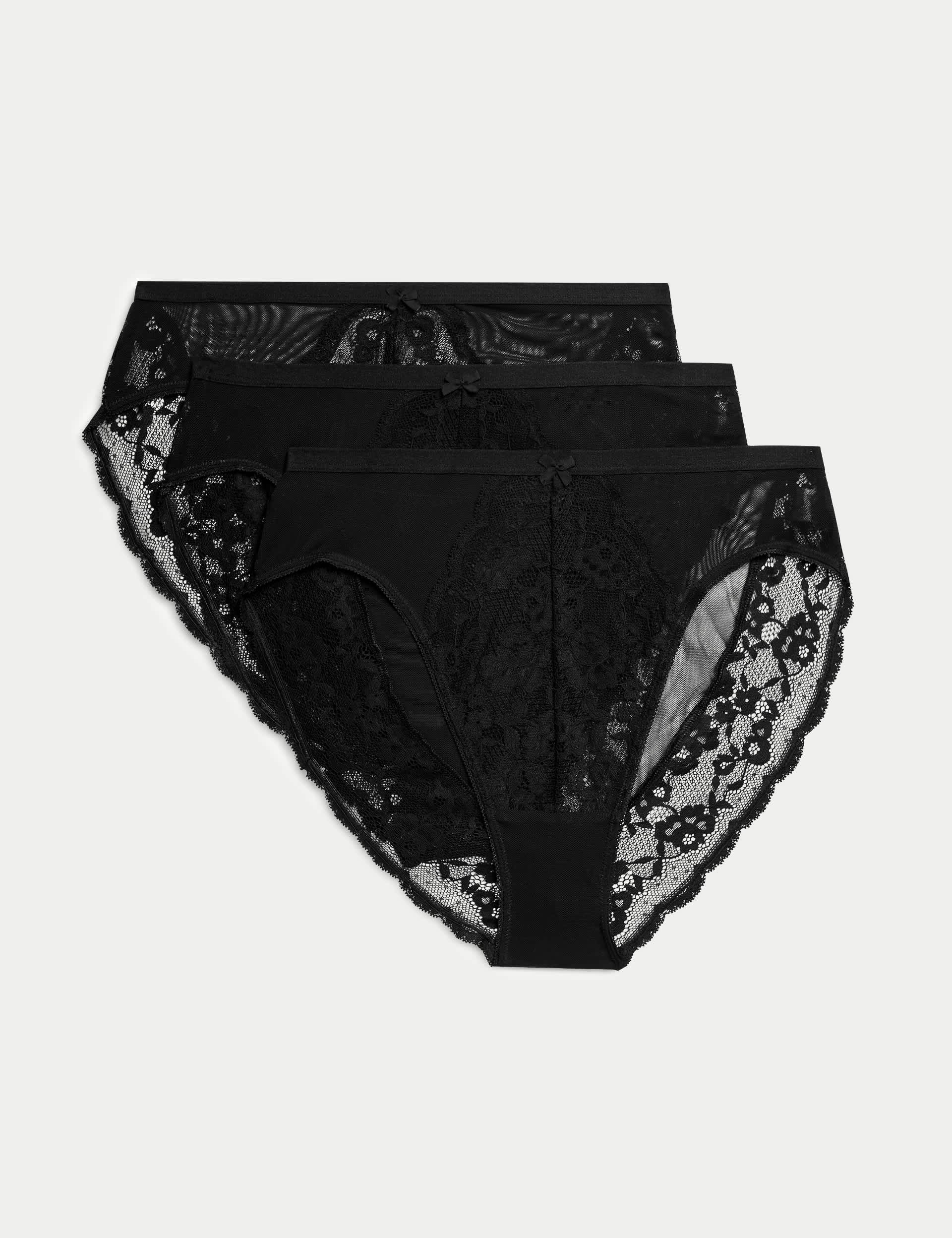 M&S Women's 3pk Lace High Waisted High Leg Knickers - 12 - Black, Black,Bright Pink Mix,White,Blue M