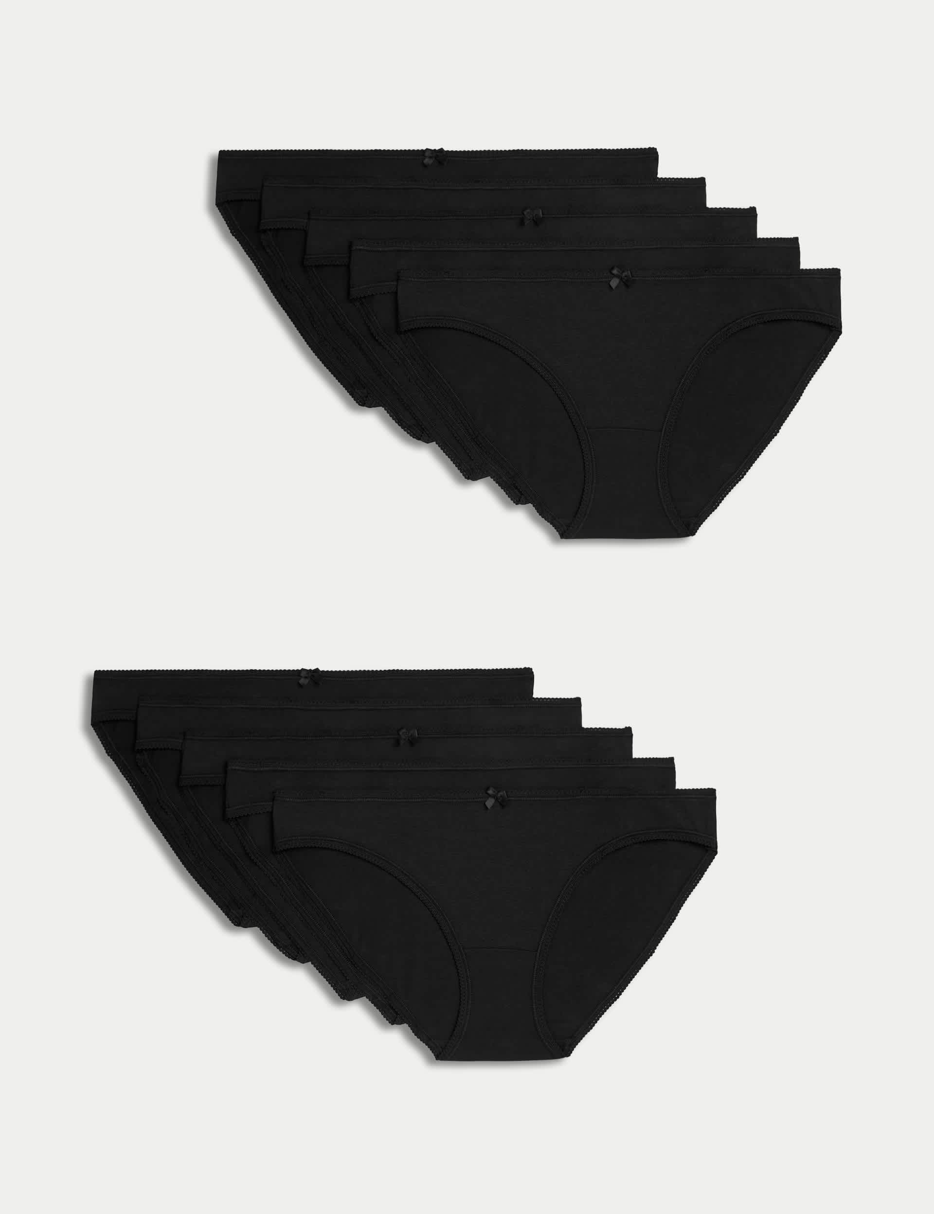 M&S Women's 10pk Cotton Rich Bikini Knickers - 12 - Black, Black