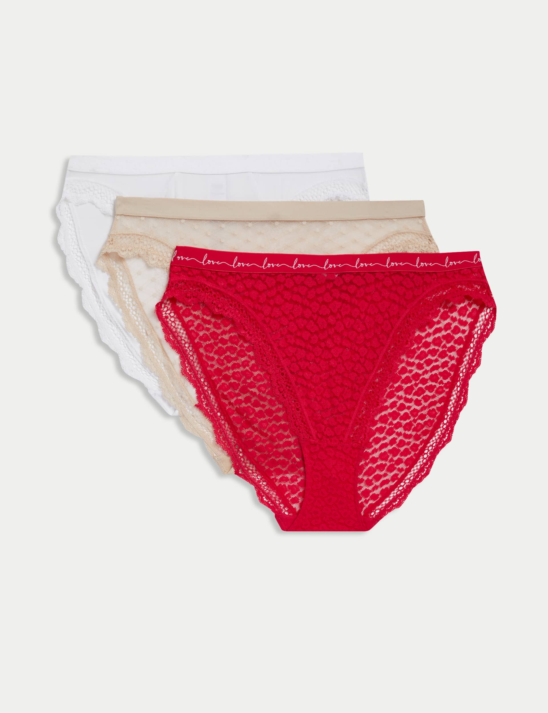 M&S Women's 3pk Mesh & Lace High Leg Knickers - 14 - Geranium, Geranium