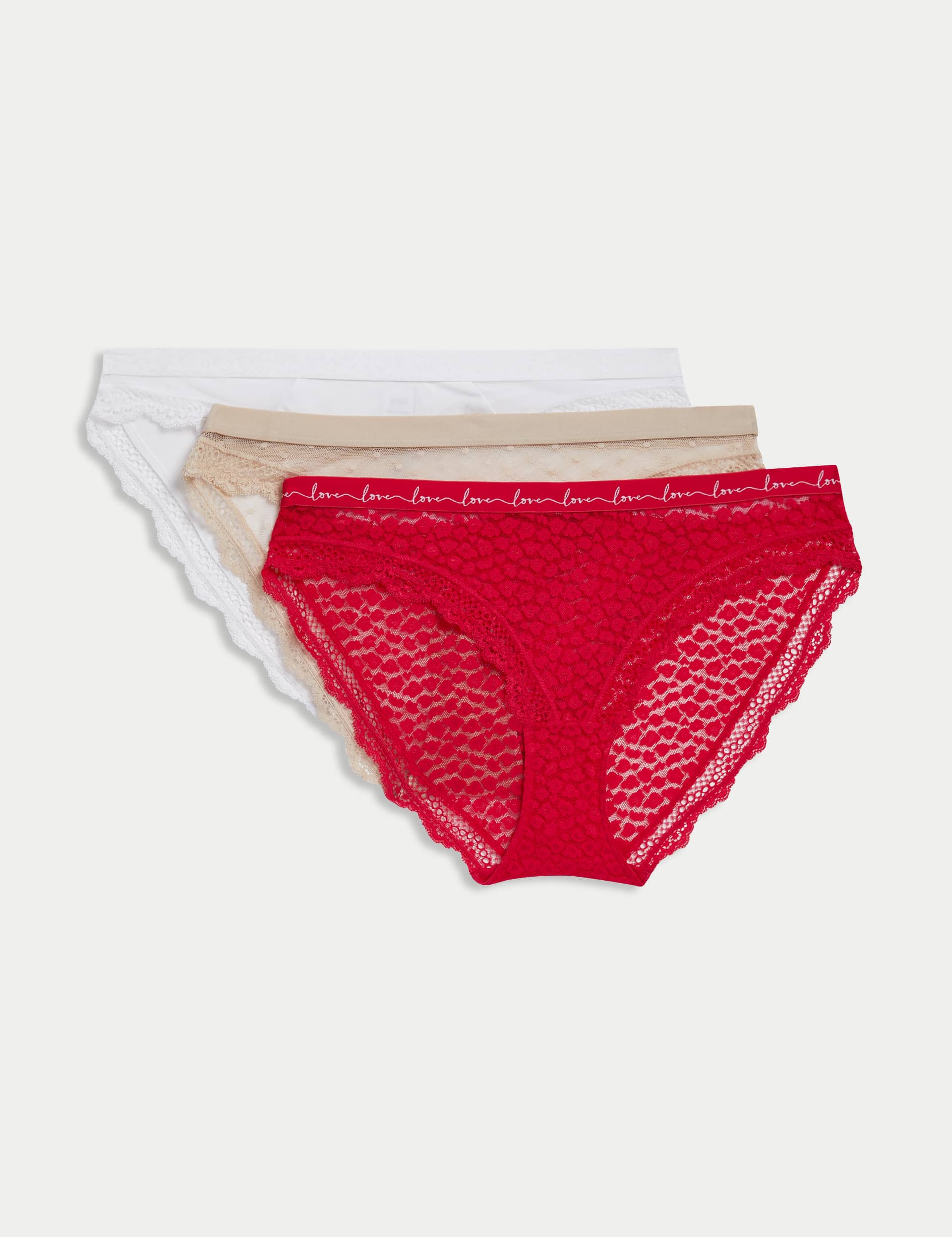 M&S Women's 3pk Lace & Mesh Bikini Knickers - 12 - Geranium, Geranium