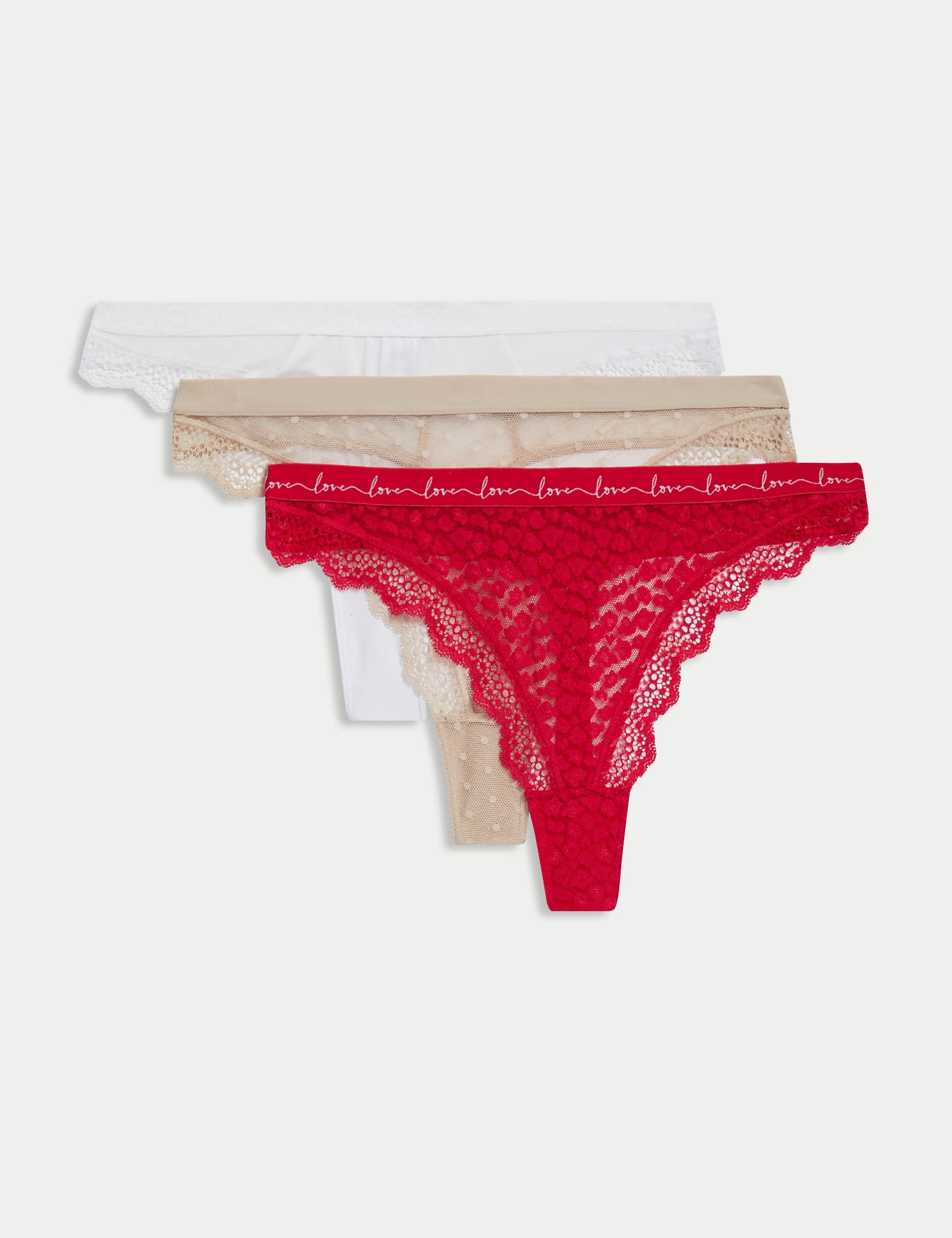 M&S Women's 3pk Mesh & Lace Thongs - 10 - Geranium, Geranium