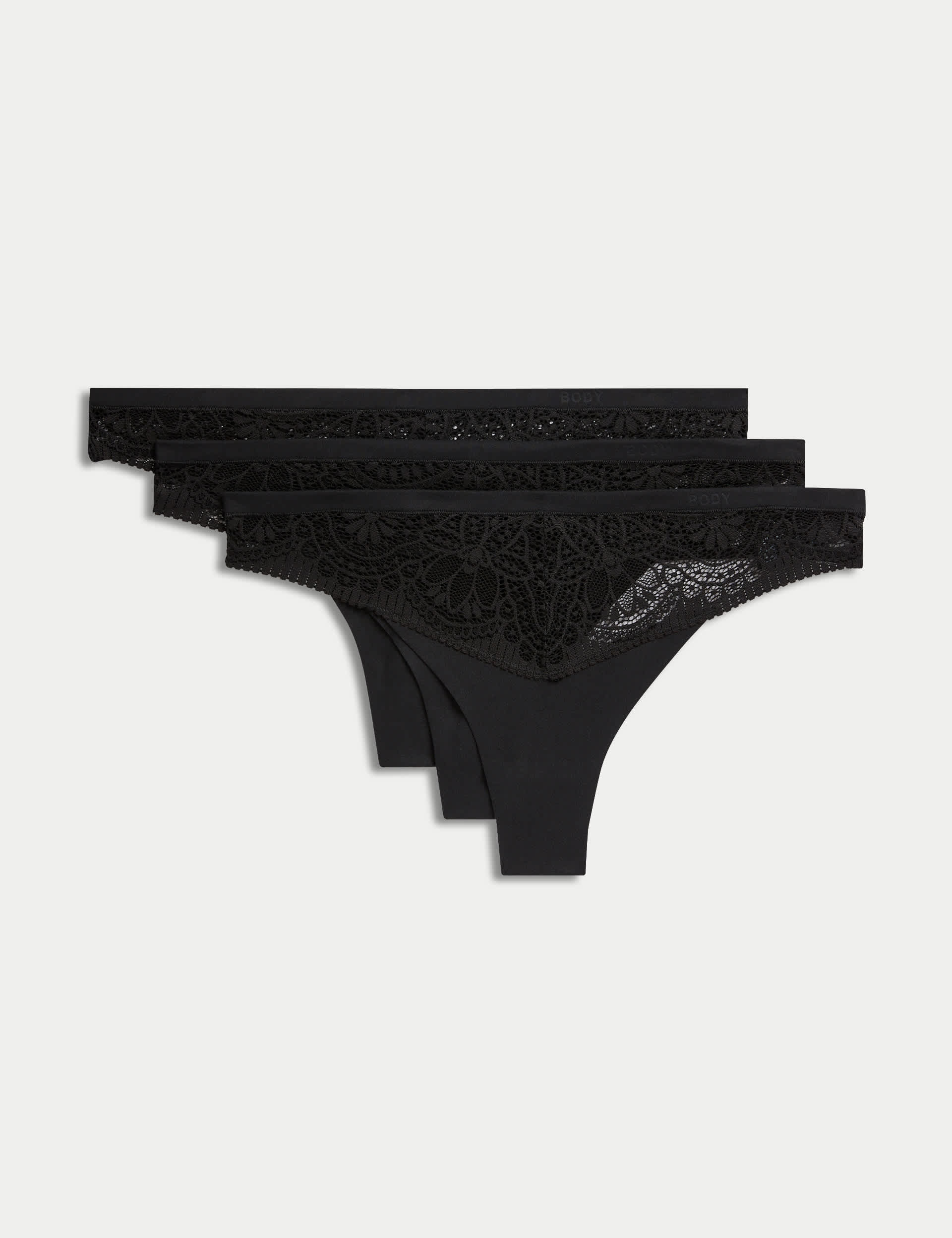 Body By M&S Women's 3pk Body Soft Lace Thongs - 8 - Black, White,Black,Slate Blue,Opaline