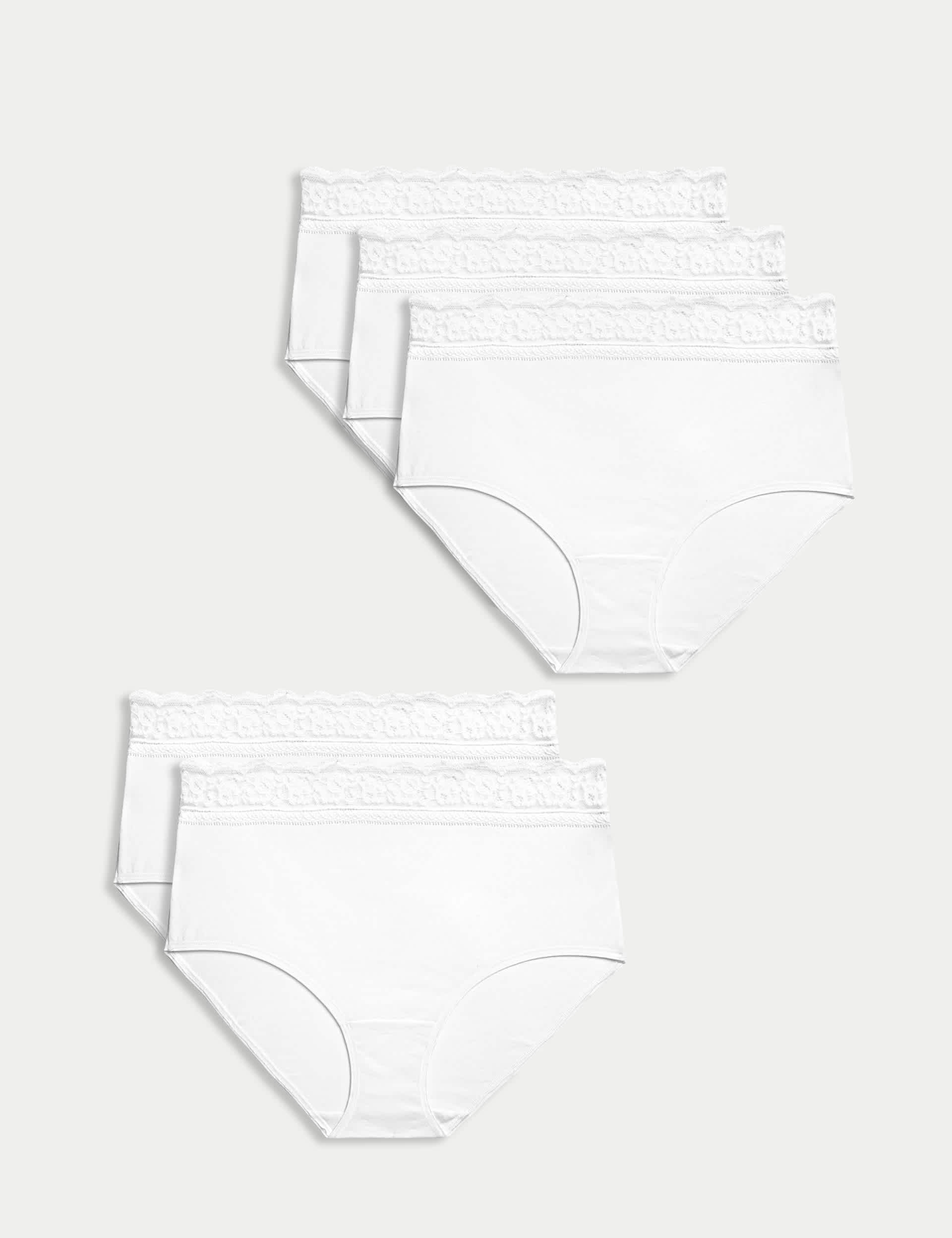 M&S Women's 5pk Cotton Lycra® & Lace Full Briefs - 16 - White, Black,White