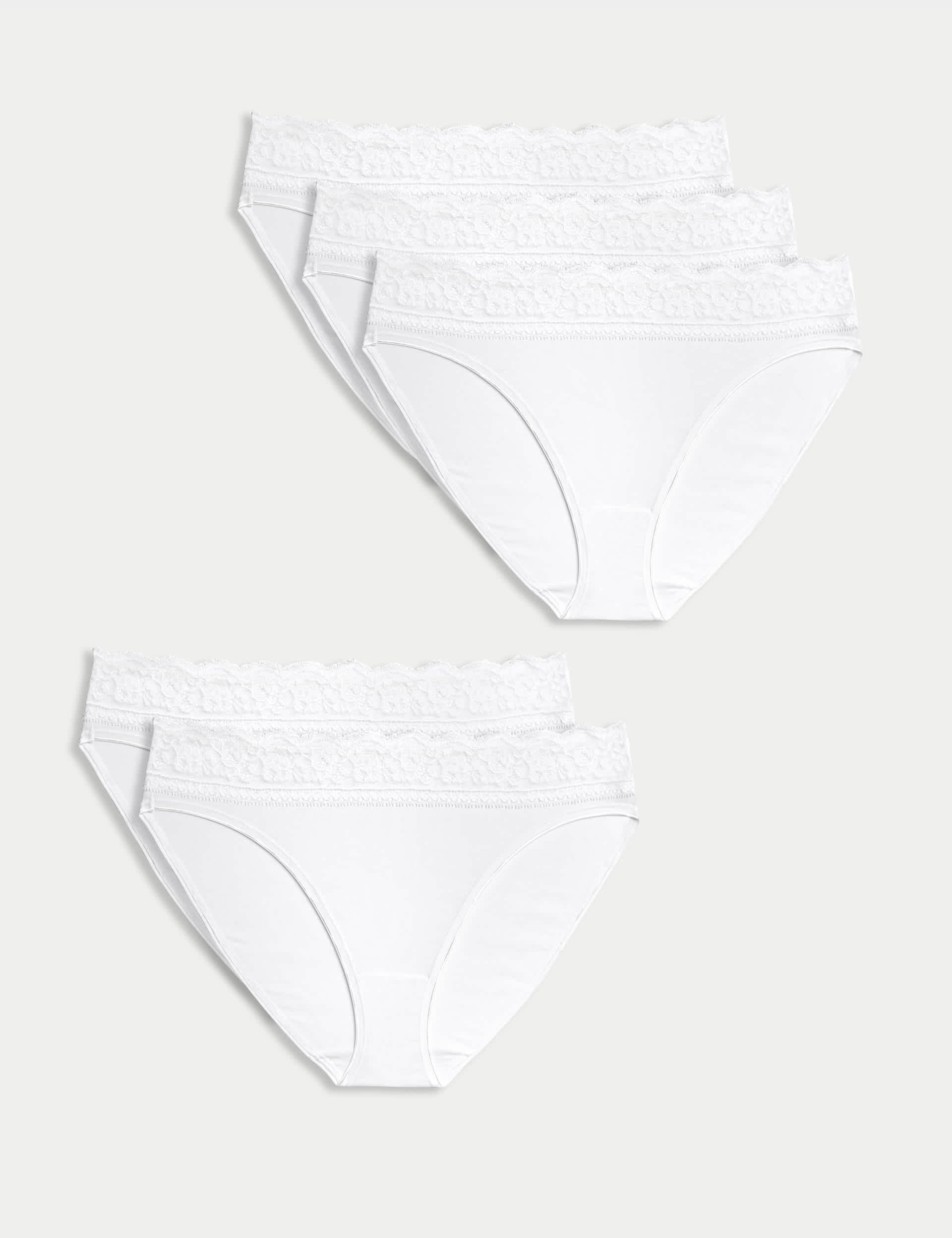 M&S Women's 5pk Cotton Lycra & Lace Knickers - 12 - White, Rose Quartz,White,Black