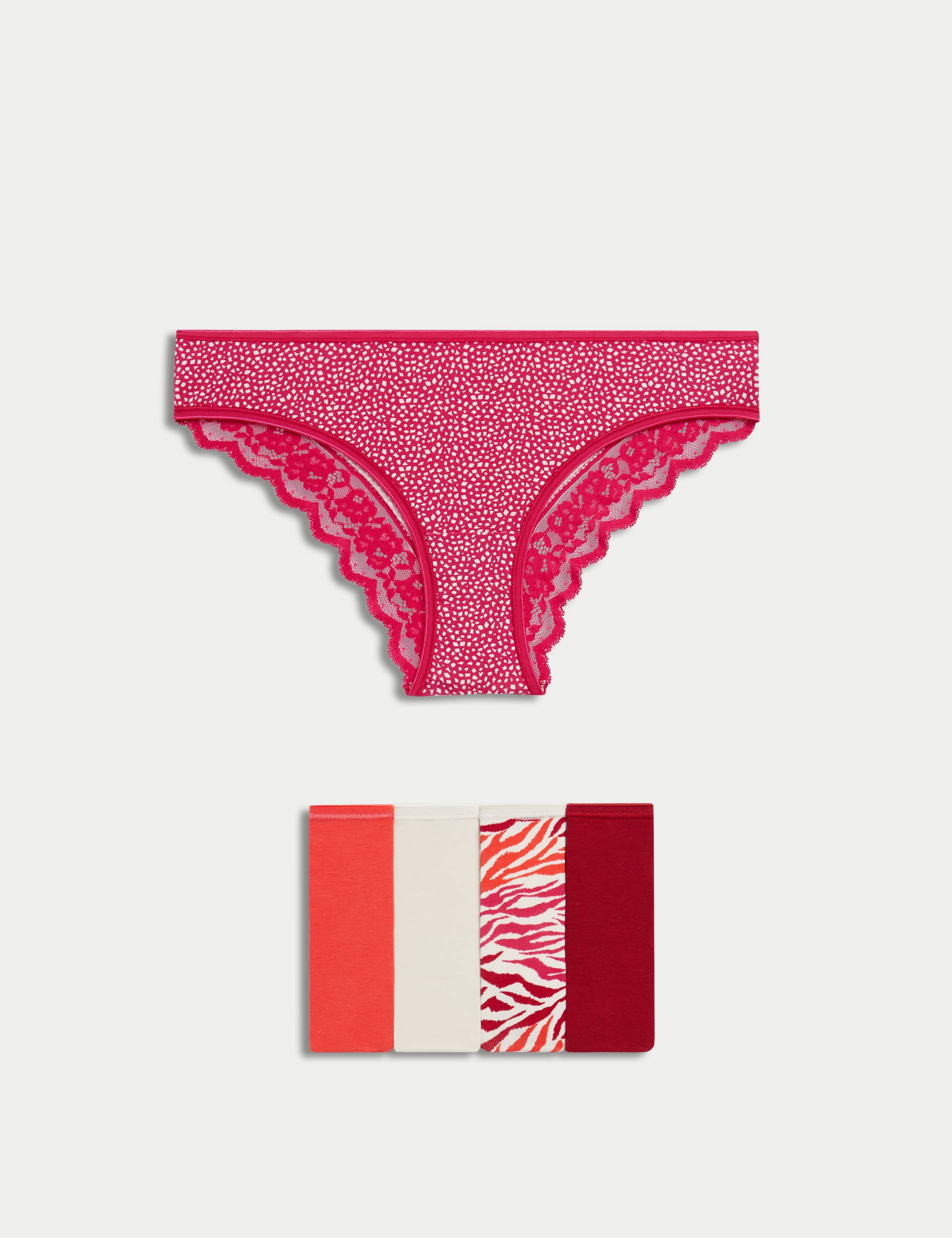 M&S Women's 5pk Cotton Rich Printed Brazilian Knickers - 12 - Lacquer Red, Lacquer Red,Black Mix