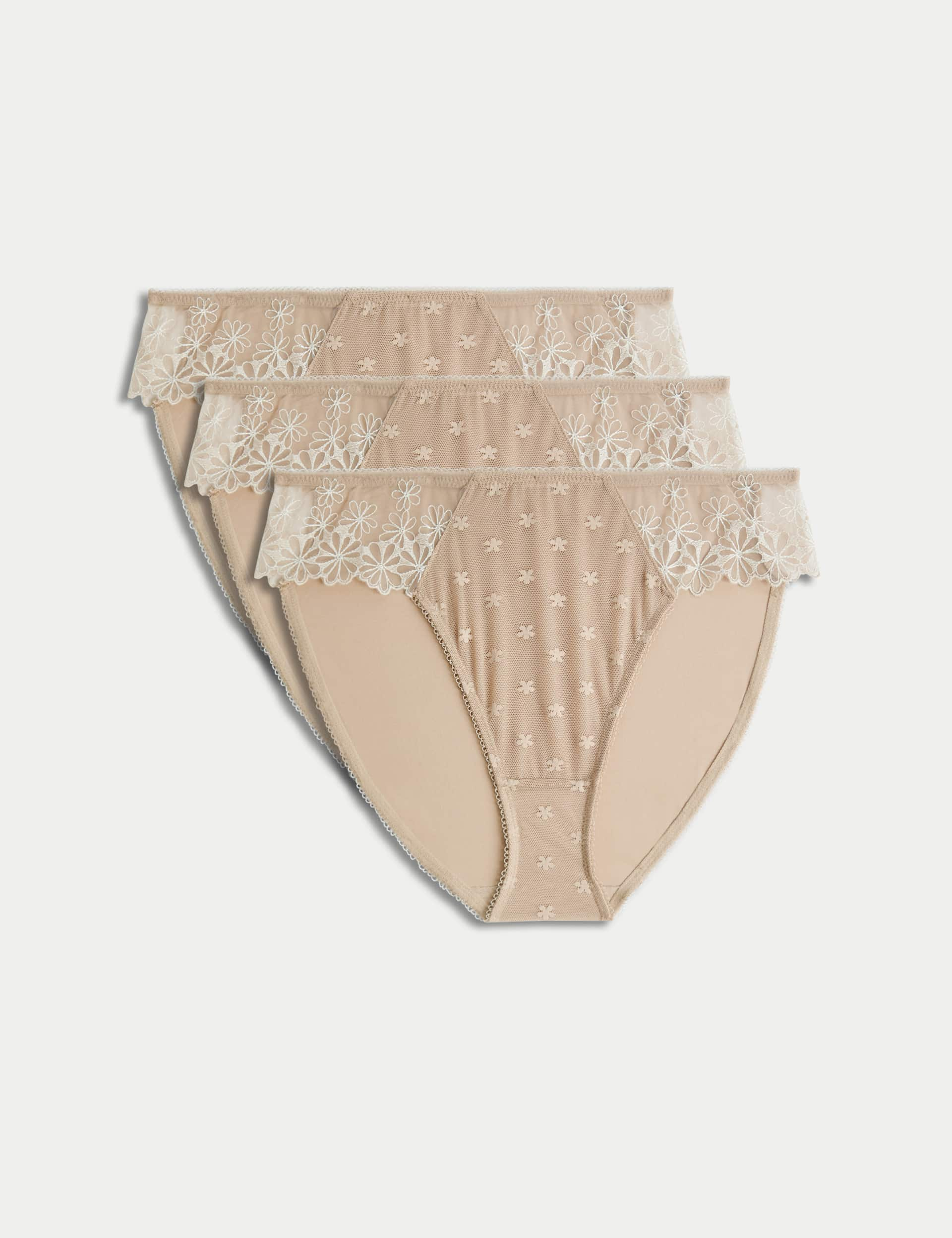 M&S Women's 3pk Daisy Embroidery & Mesh High Leg Knickers - 14 - Rose Quartz, Rose Quartz,Navy