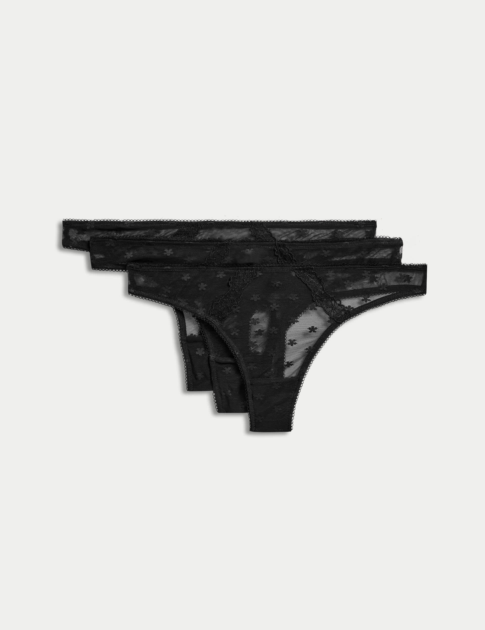 M&S Women's 3pk Daisy Embroidery Mesh Thongs - 10 - Black, Black,Rose Quartz,Navy