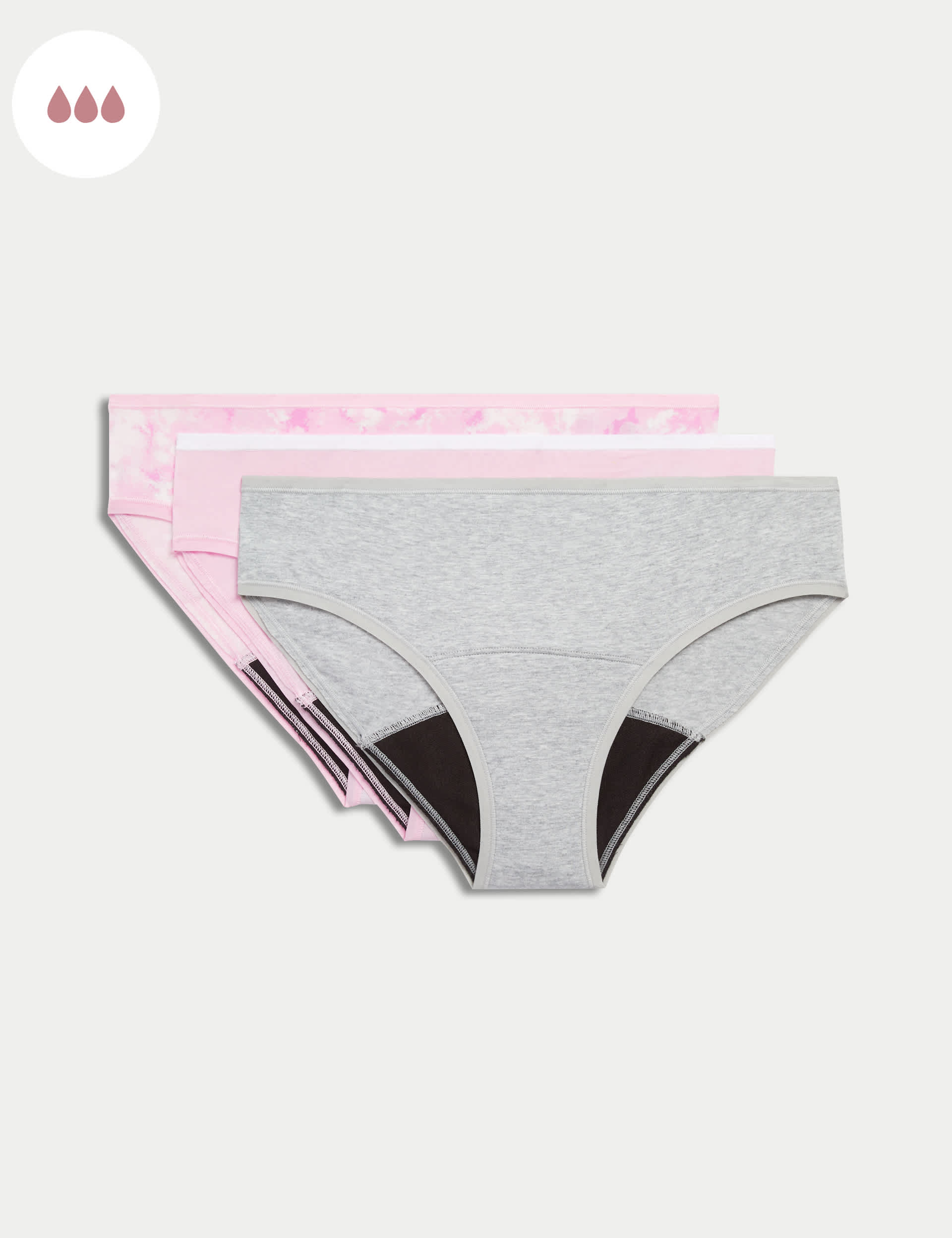 M&S Women's 3pk Heavy Absorbency First Period Briefs - 6 - Pink Mix, Black,Ecru Mix,Pink Mix