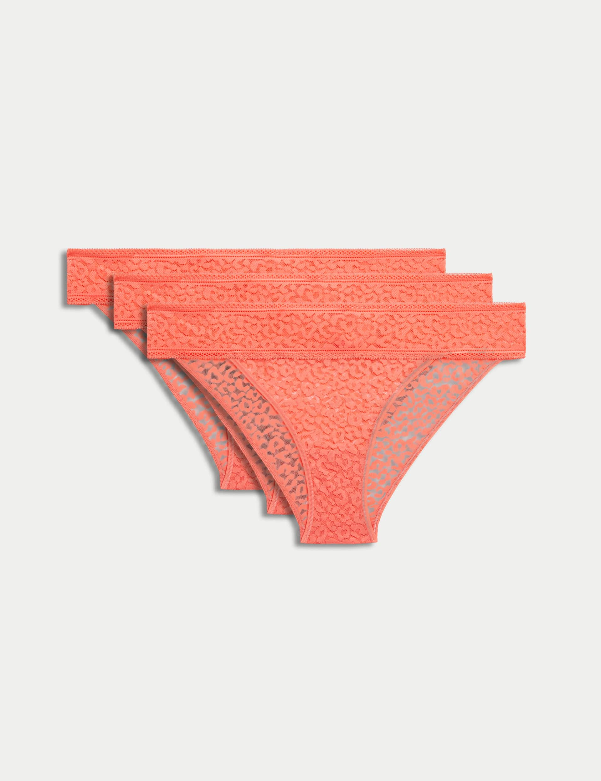 M&S Collection Women's 3pk Animal Lace Brazilian Knickers - Bright Coral, Bright Coral