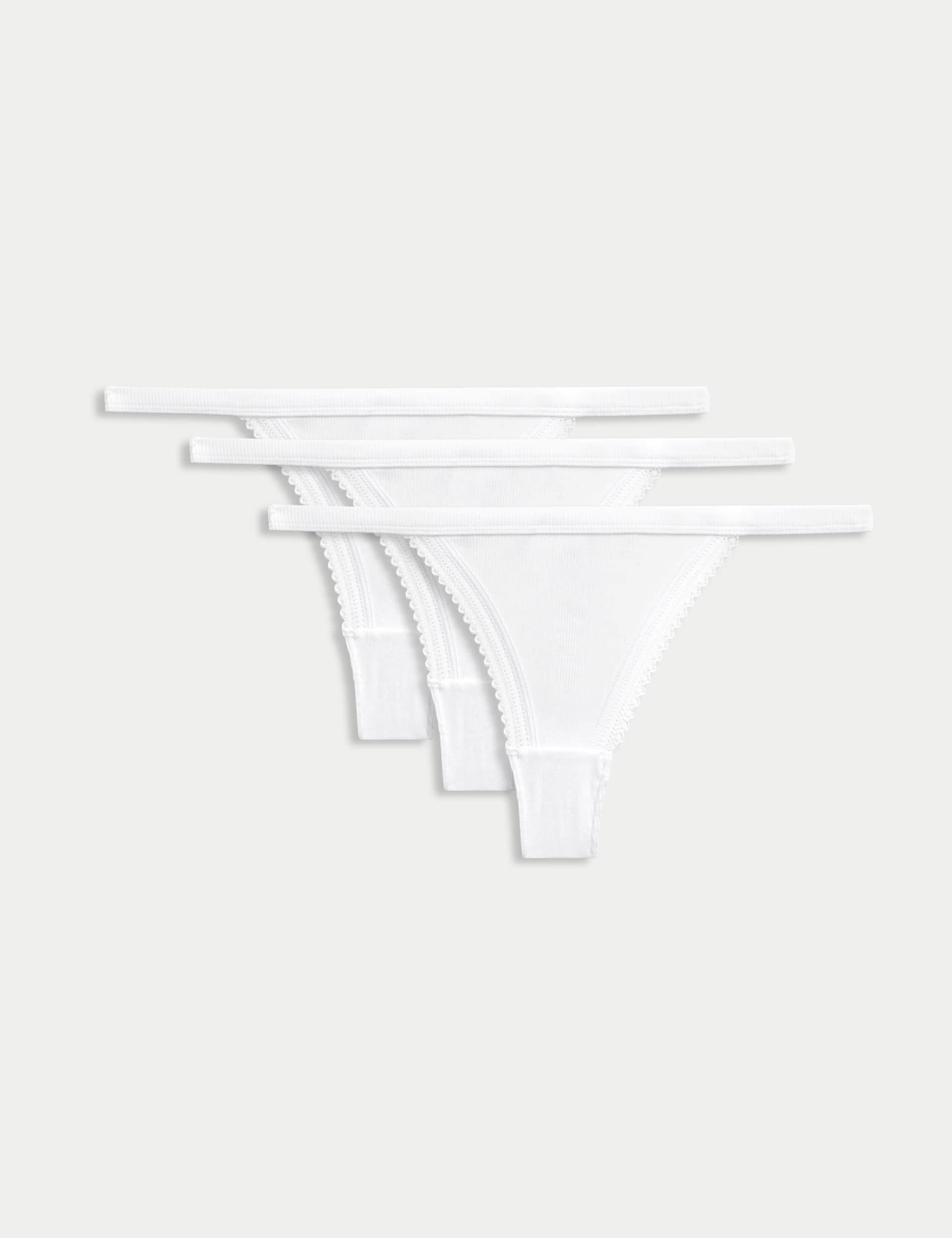 M&S Collection Women's 3pk Cotton Rich Ribbed Thongs - M - White, White