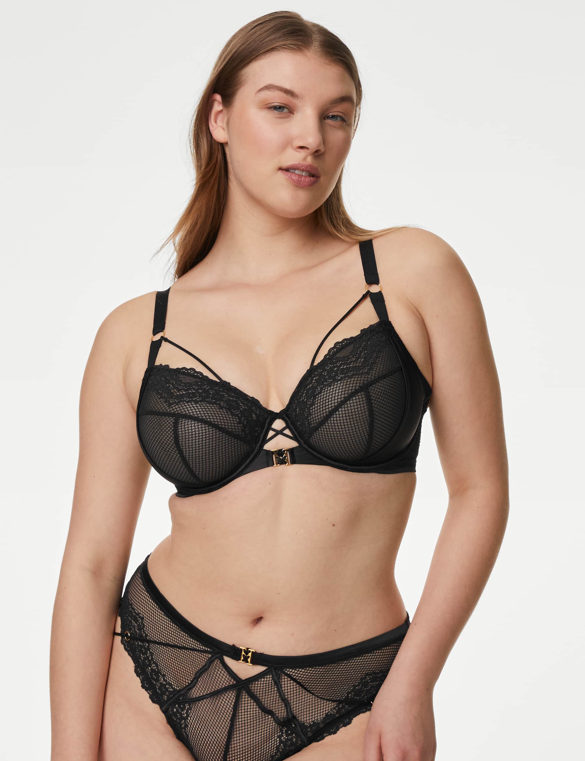 Boutique Women's Clara Satin Fishnet Wired Plunge Bra (F-H)