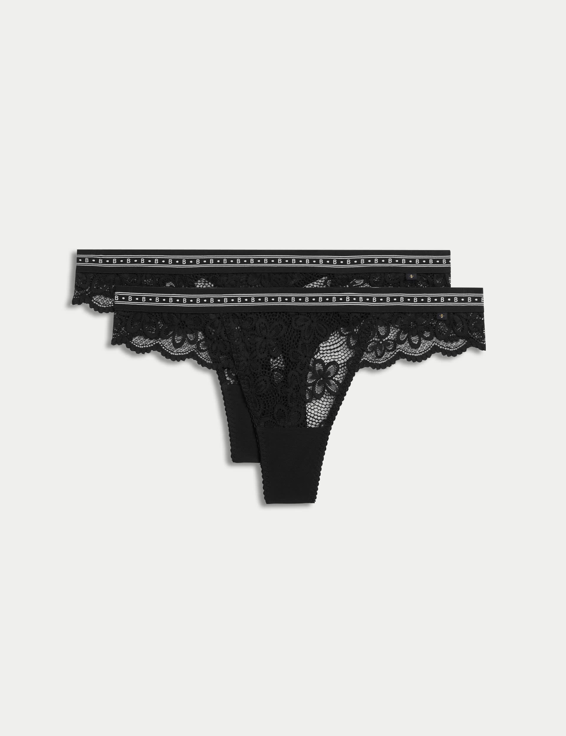 B By Boutique Women's 2pk Cleo Lace Thongs - M - Black, White,Black