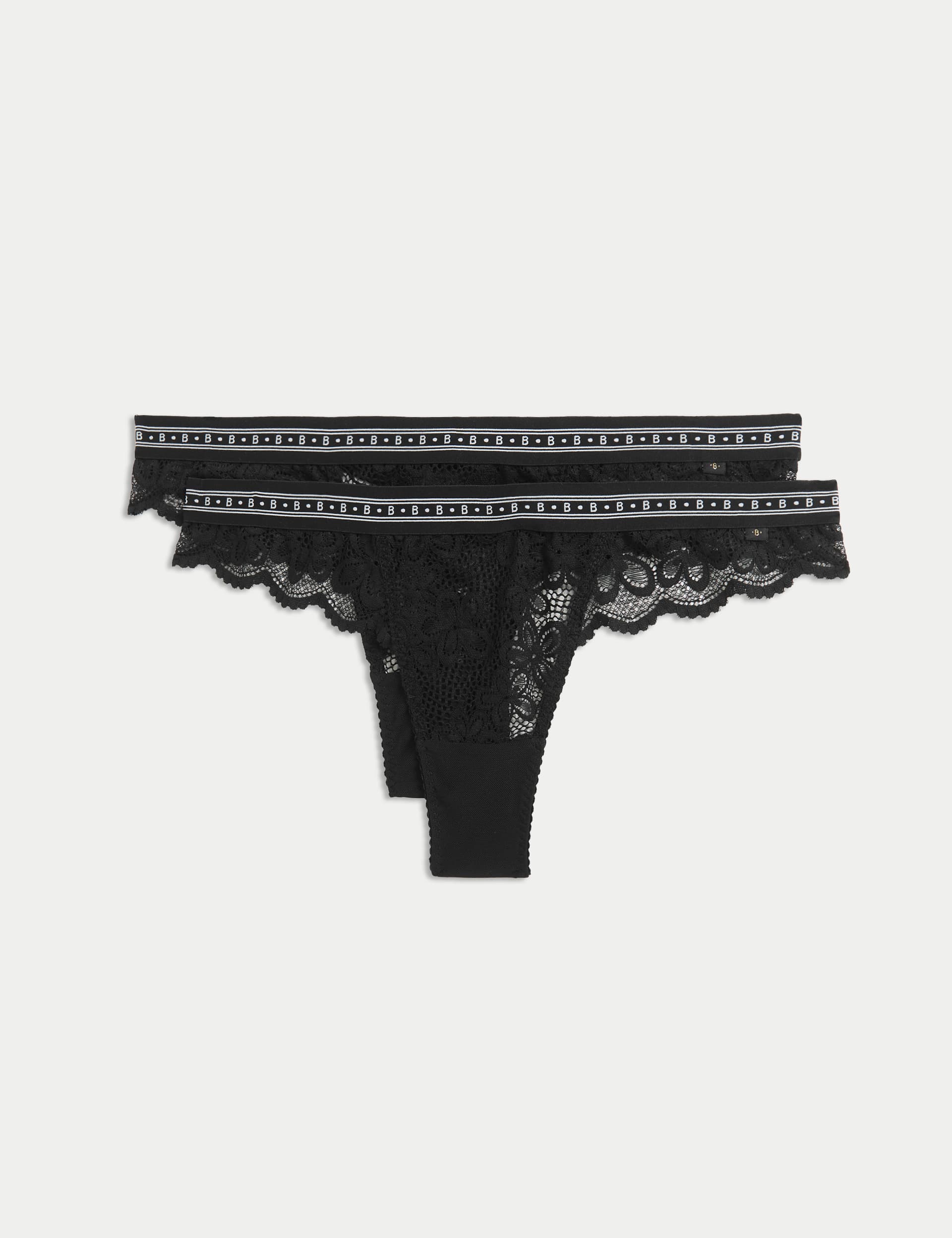 B By Boutique Women's 2 Pack Cleo Lace Thongs - 12 - Black, White,Black