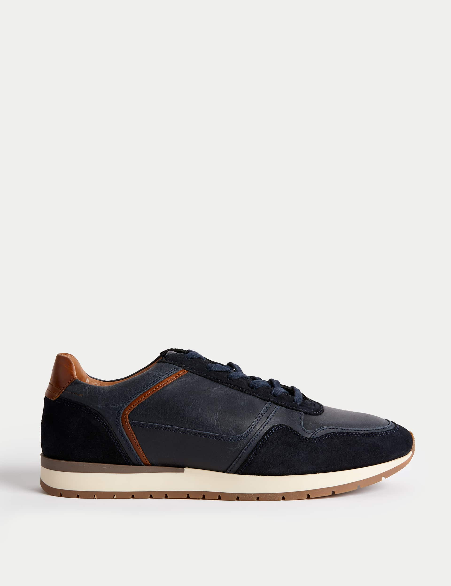 M&S Men's Leather Lace Up Trainers - 6 - Navy Mix, Navy Mix