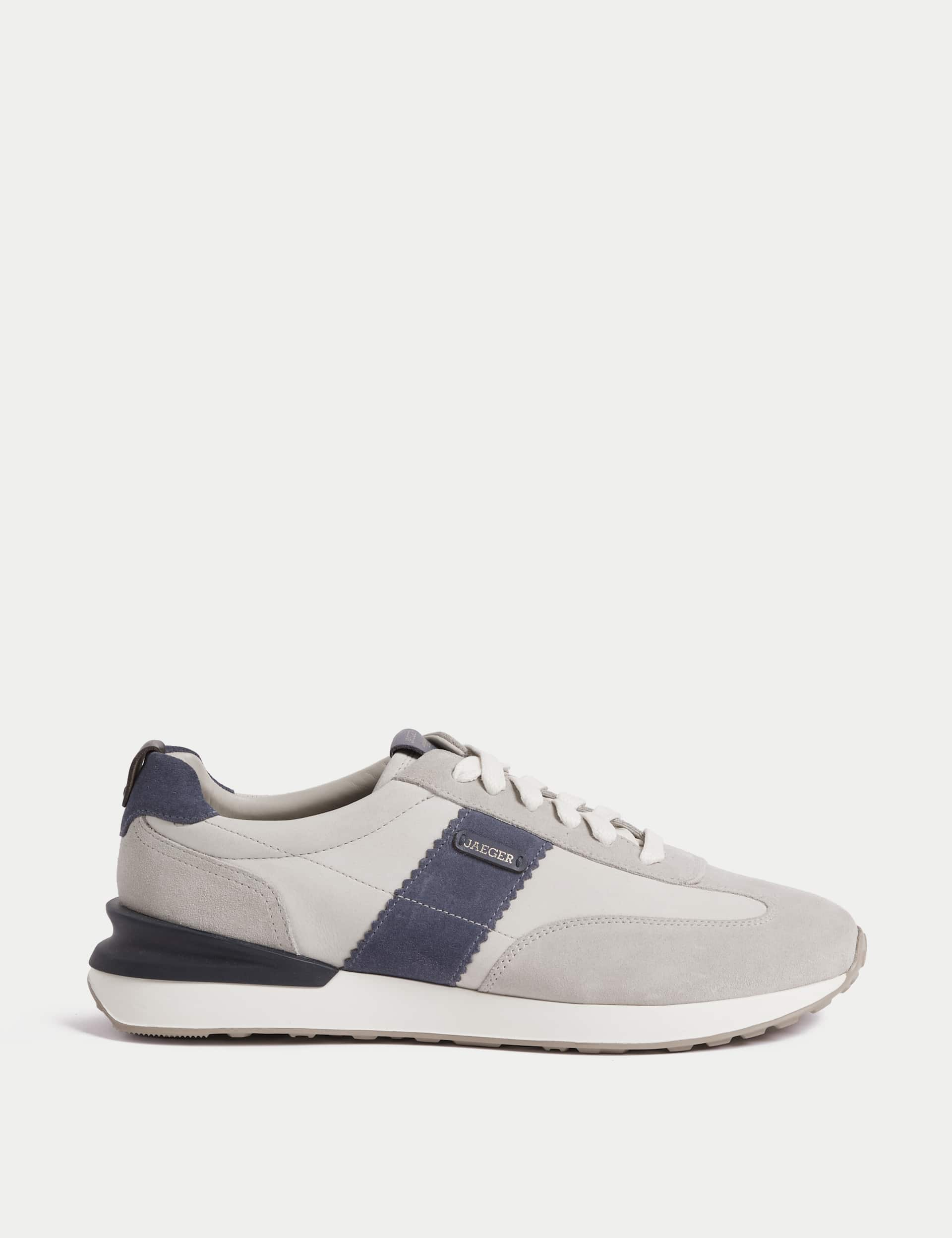 Jaeger Men's Leather Lace Up Trainers - 12 - White Mix, White Mix,Navy