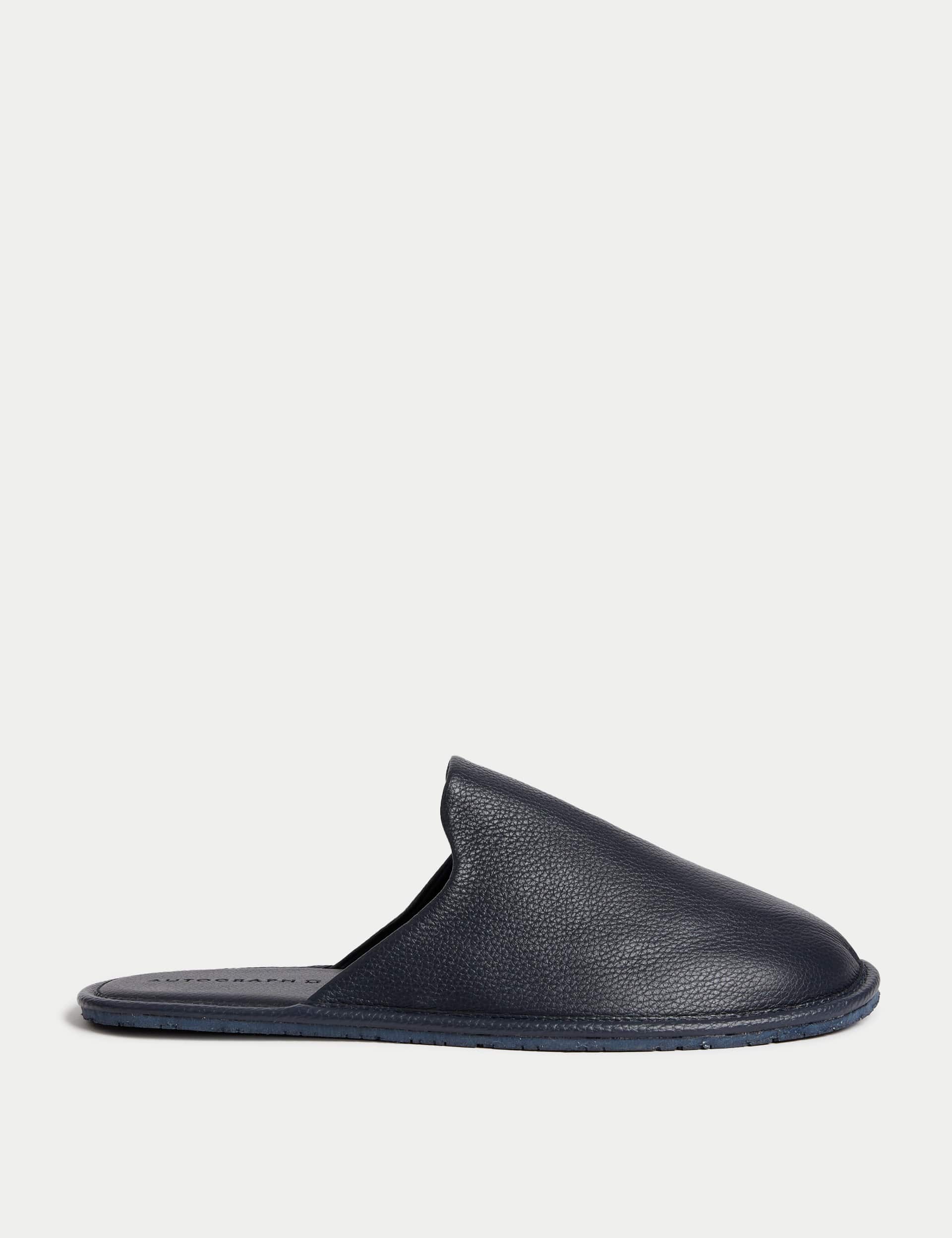 Autograph Men's Leather Mule Slippers with Freshfeet™ - 9 - Dark Navy, Dark Navy