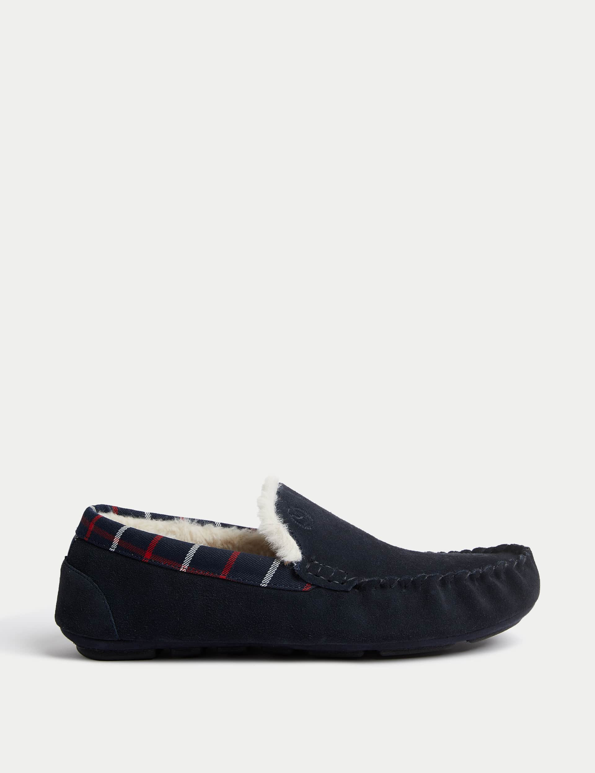 M&S Men's Checked Suede Moccasin Slippers - 8 - Navy, Navy,Khaki